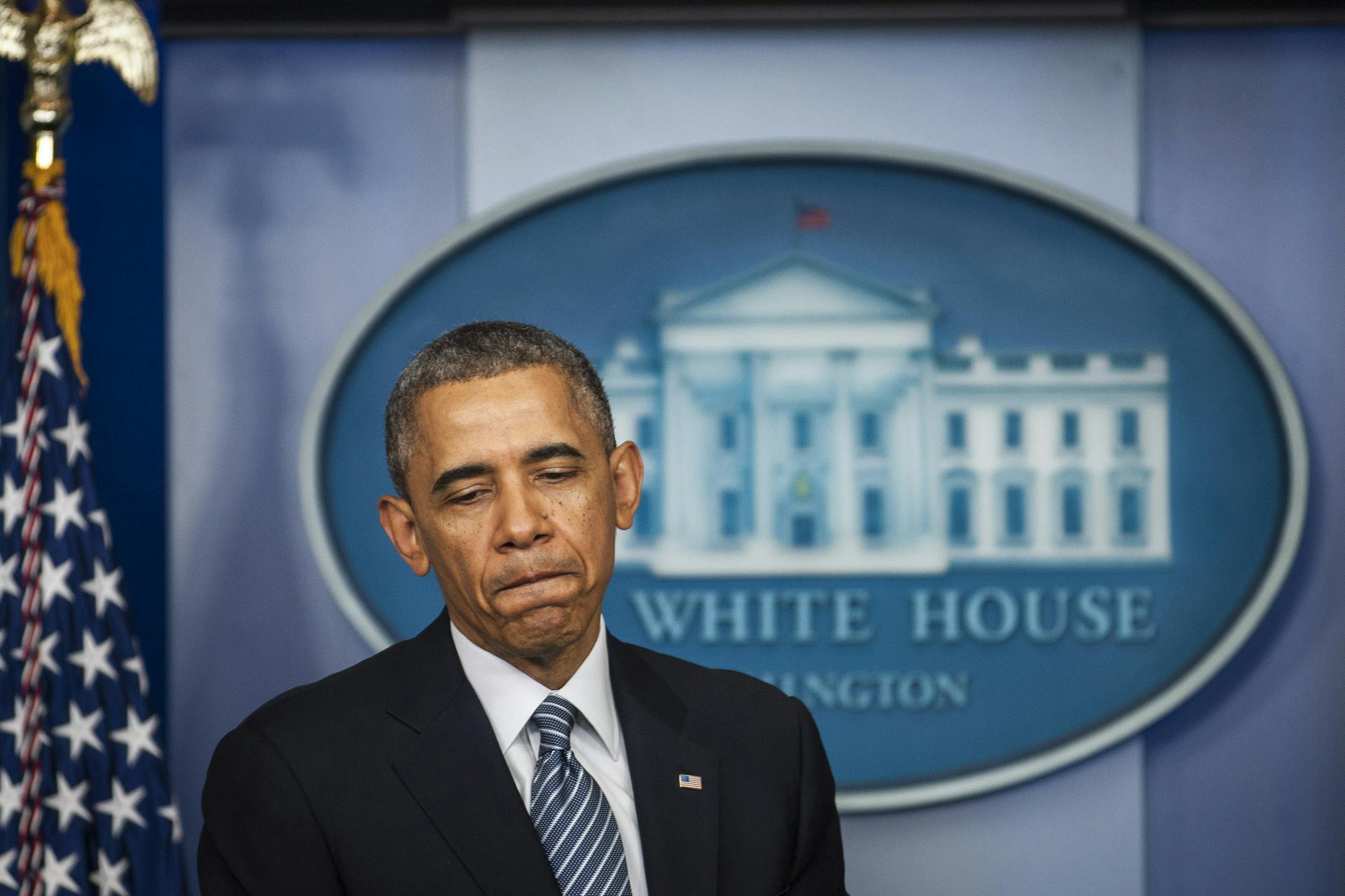 President Barack Obama while speaking at a news conference following a meeting with Secretary of Veterans Affairs Eric Shinseki at the White House, in Washington, May 30, 2014. Obama said that he had accepted Shinseki's resignation Friday after mounting evidence of widespread misconduct and mismanagement at the agency’s vast network of medical facilities was revealed. (Gabriella Demczuk/The New York Times)