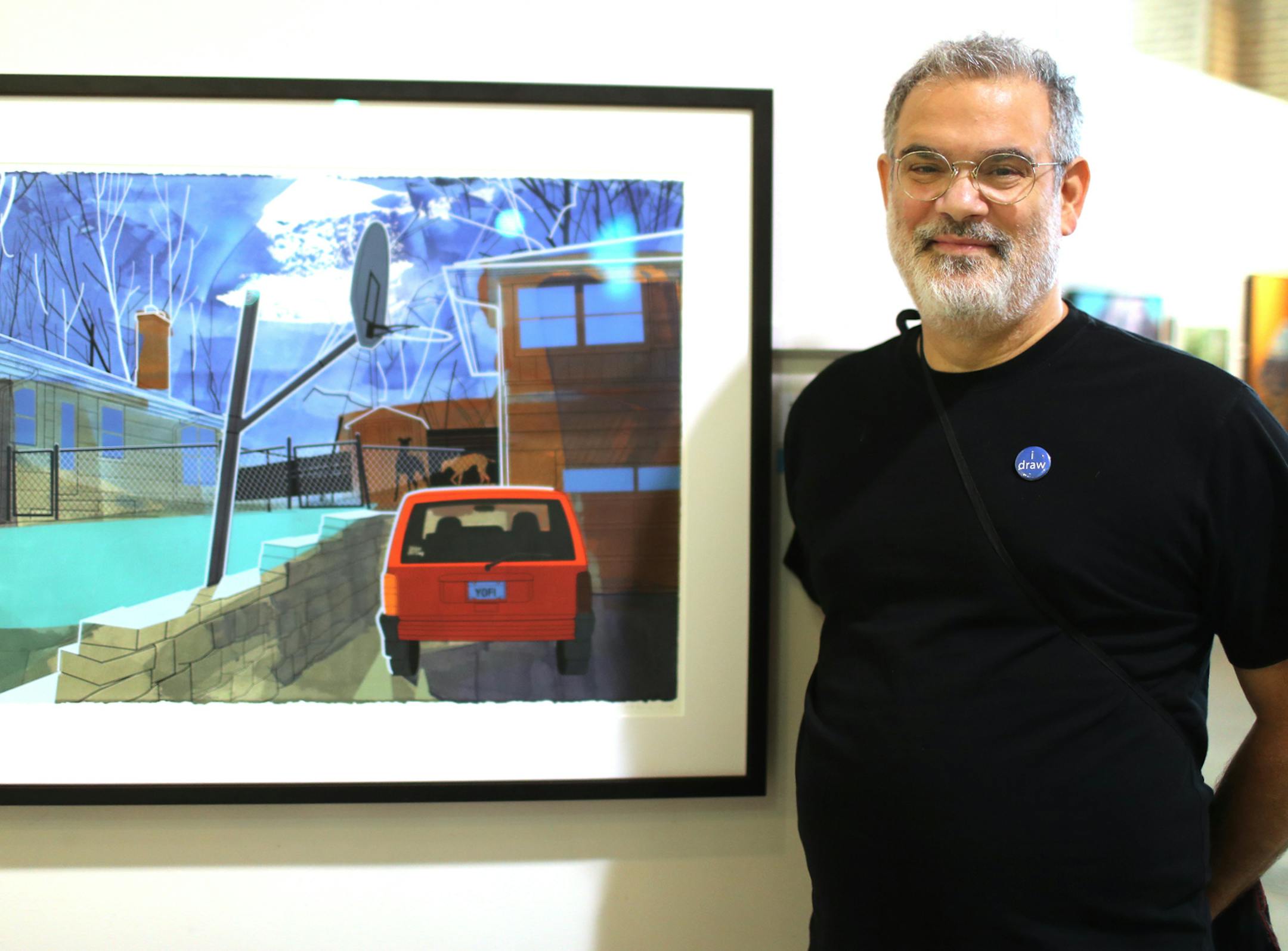 Artist Marty Harris of St. Louis Park with his Blue Ribbon State Fair winning screen print "Front Yard," at the Fine Arts Center at the Minnesota State Fair Friday, Aug. 25, 2017, in St. Paul, MN.] DAVID JOLES &#xef; david.joles@startribune.com For 10 straight years, artist Marty Harris submitted his work to the STate Fair art show. And for 10 straight years, he was rejected. This year, the St. Louis Park artist finally got a piece into the show -- and it won a blue ribbon.