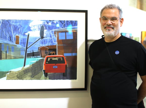 Artist Marty Harris of St. Louis Park with his Blue Ribbon State Fair winning screen print "Front Yard," at the Fine Arts Center at the Minnesota Stat