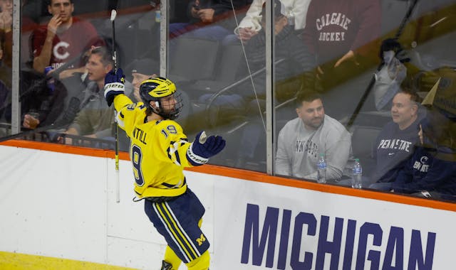 Michigan’s Adam Fantilli celebrated after scoring against Colgate in the NCAA Allentown Regional on March 24.