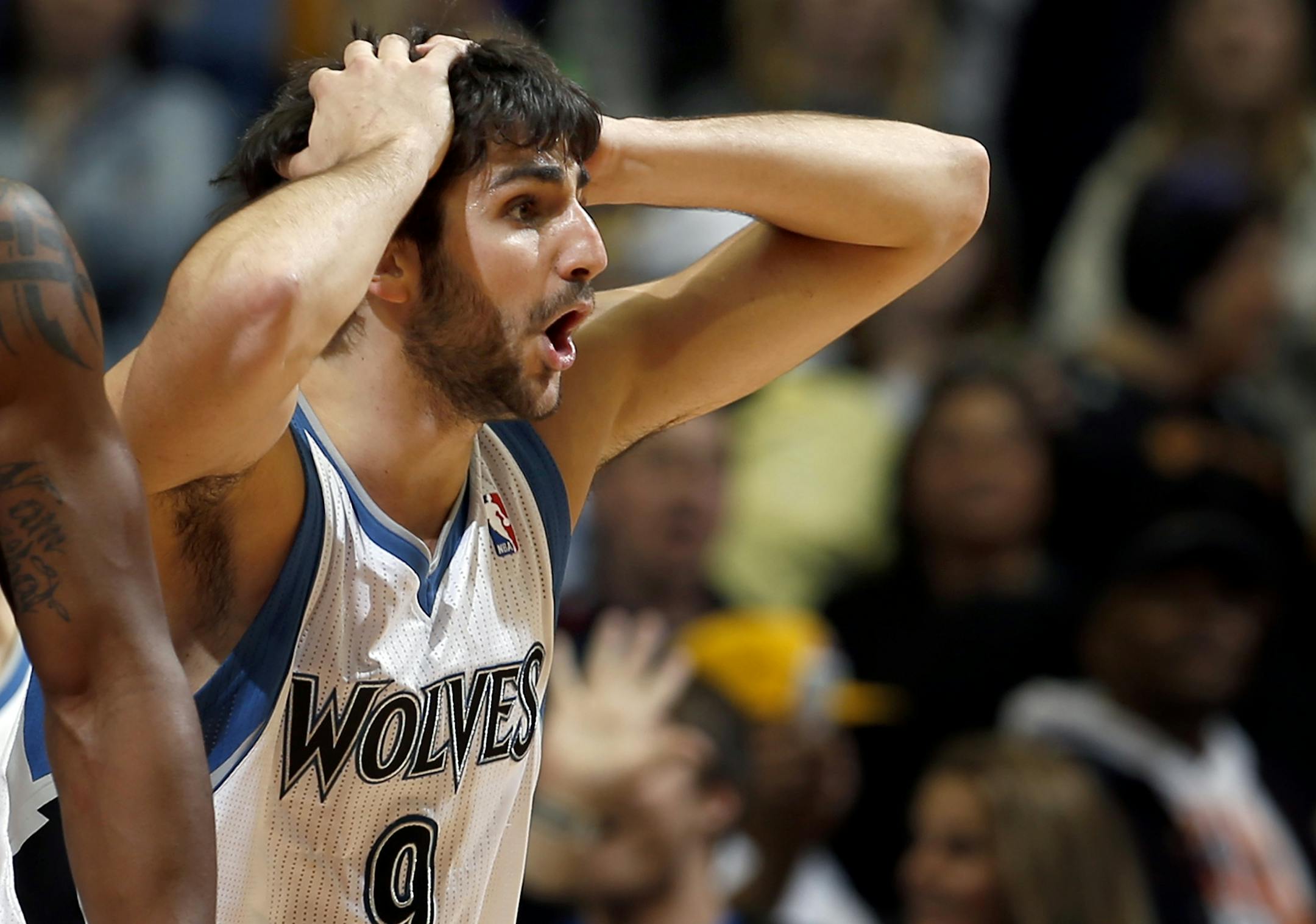 Ricky Rubio reacted after he thought he was fouled while taking the last shot of the game.