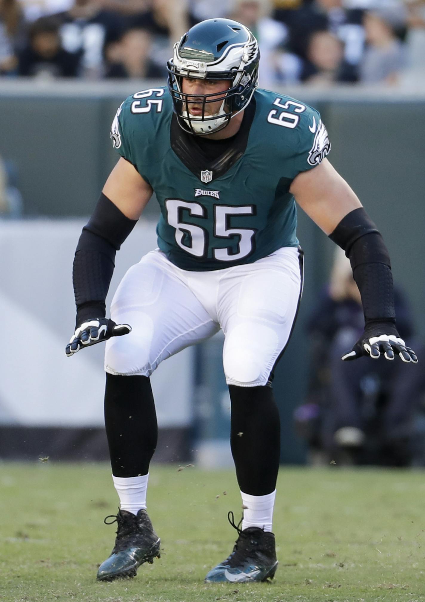 Philadelphia Eagles tackle Lane Johnson (65) in action during the first half of the NFL football game against the Pittsburgh Steelers, Sunday, Sept. 25, 2016, in Philadelphia. The Eagles won 34-3. (AP Photo/Chris Szagola) ORG XMIT: OTKCS176