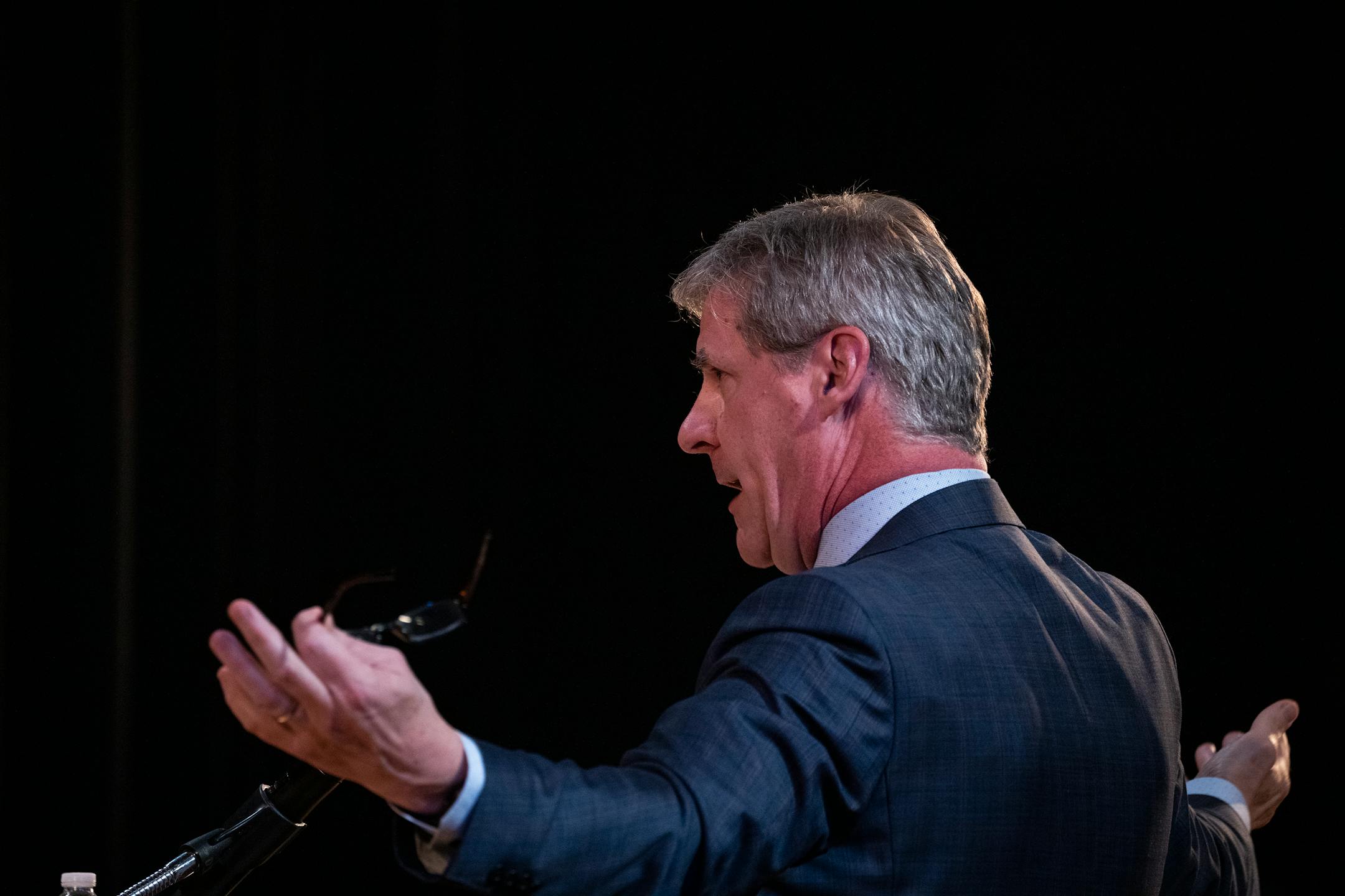 Attorney Jack Perry argues for the intervenor-respondent before the Minnesota Supreme Court in the case of Cruz-Guzman v. State of Minnesota inside the auditorium at Richfield High School.