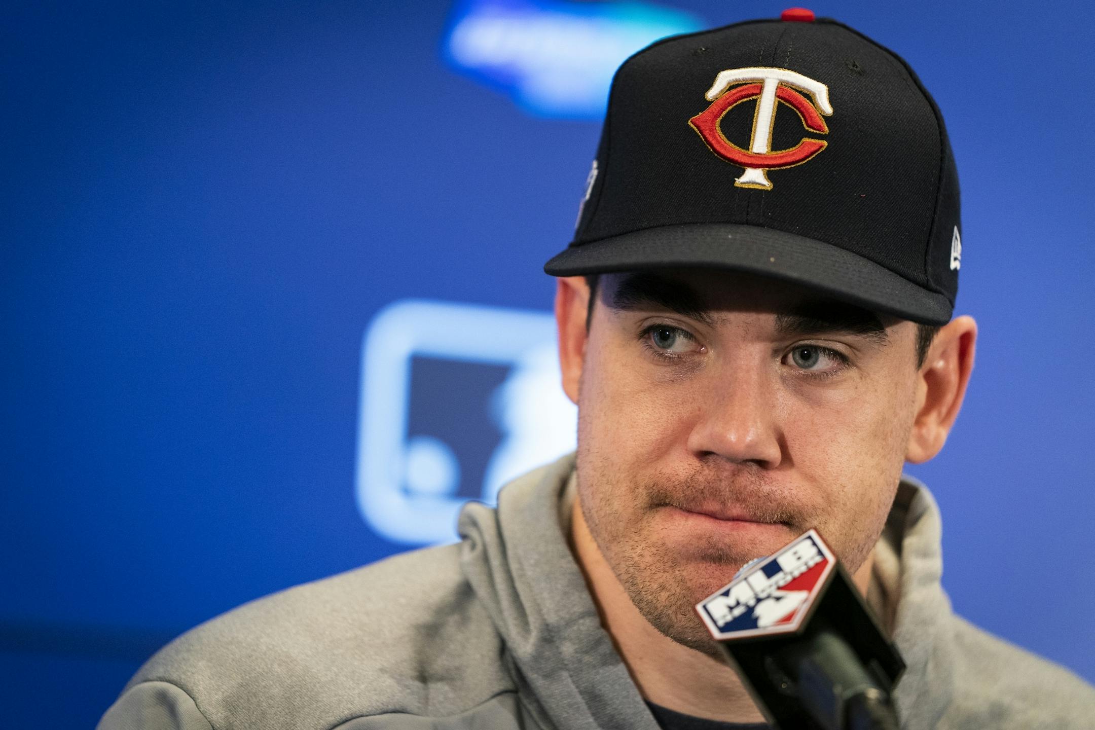 Minnesota Twins relief pitcher Trevor May (65) spoke to the media.