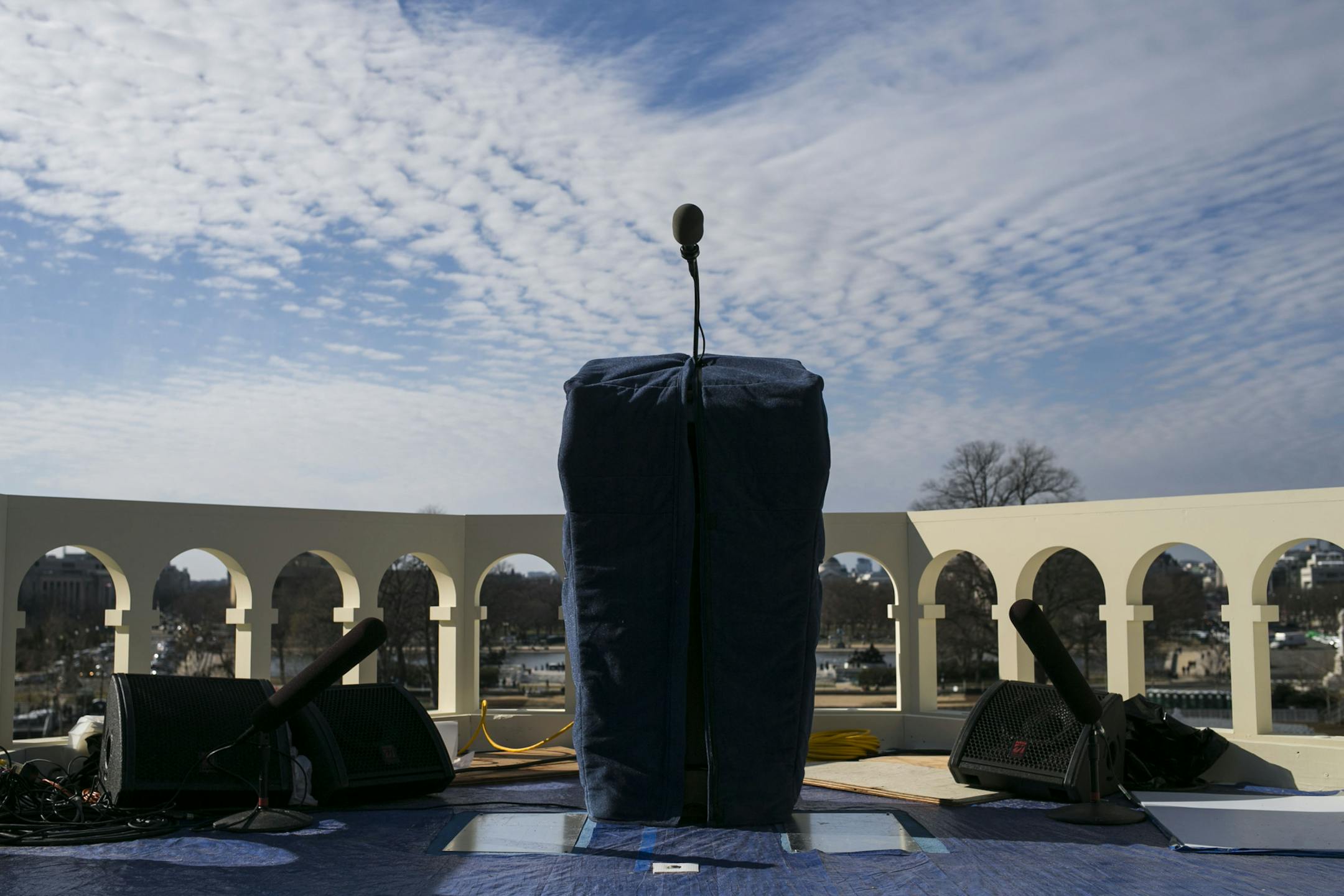 The lectern from where president-elect Donald Trump will speak during a rehearsal for the presidential inauguration outside the U.S. Capitol in Washington, Jan. 15, 2017. The inauguration is on Friday, Jan. 20, 2017. (Al Drago/The New York Times)