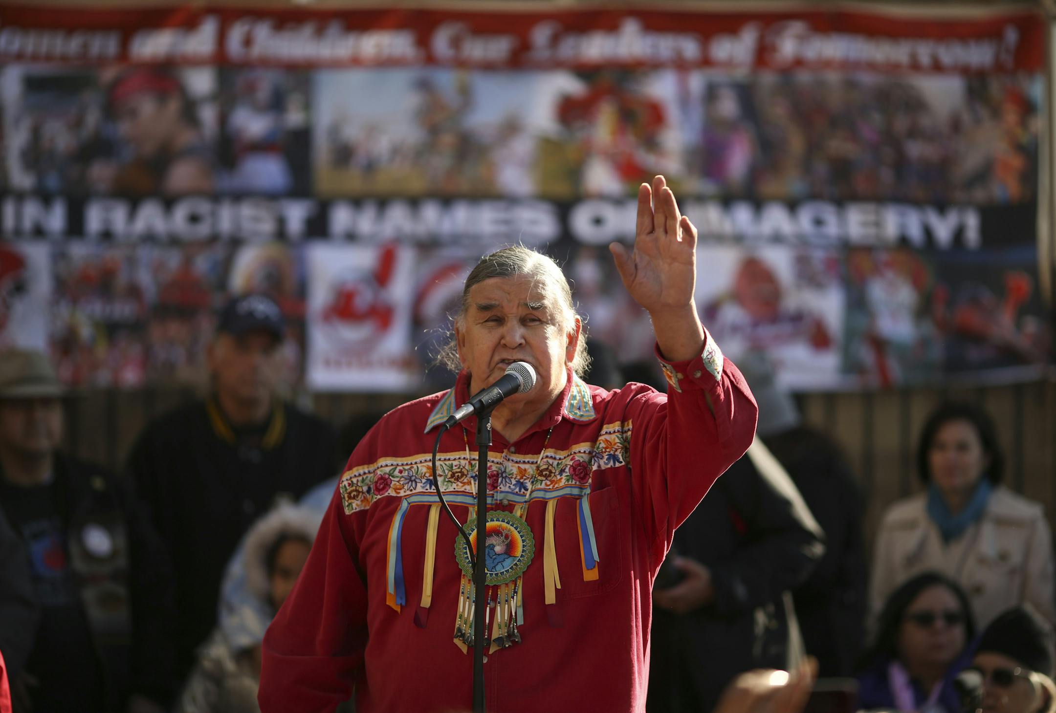 Longtime Native American activist and AIM co-founder Clyde Bellecourt spoke to the crowd gathered for the rally outside TCF Bank Stadium Sunday morning before the Vikings game. ] JEFF WHEELER ‚Ä¢ jeff.wheeler@startribune.com A rally to protest the name of the Washington Redskins football club was held at TCF Bank Stadium before Sunday's Vikings game against the team from Washington on November 2, 2014.