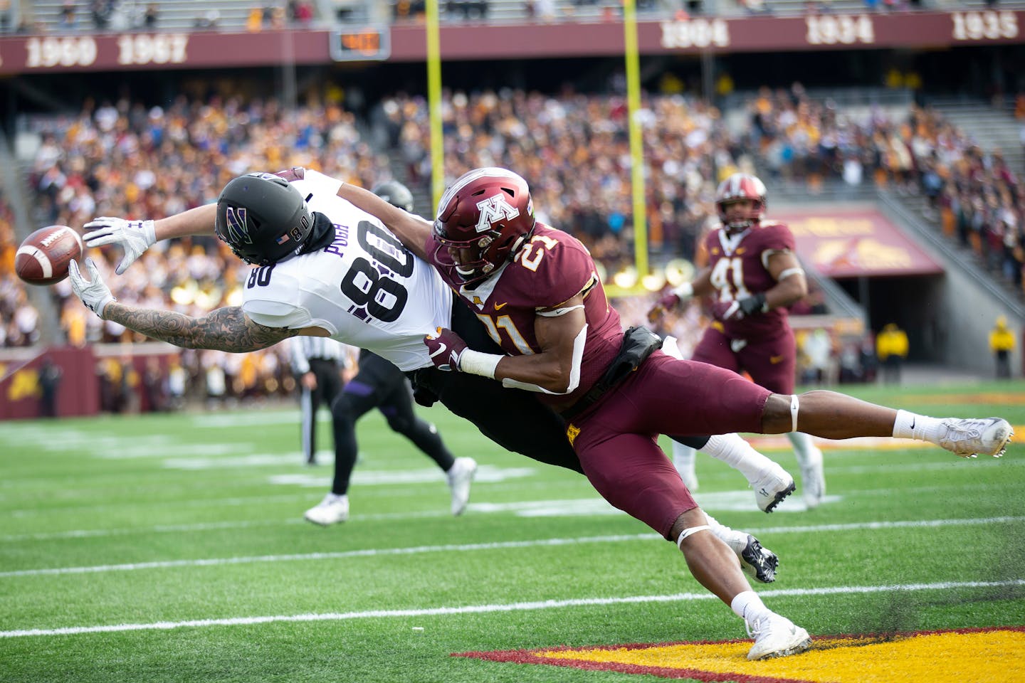 Gophers starting linebacker Kamal Martin (21, shown in a game earlier this season against Northwestern) did not make the trip to the Quick Lane Bowl and was suspended for the game because of a violation of team rules, coach P.J. Fleck said following the 34-10 victory over Georgia Tech on Wednesday.