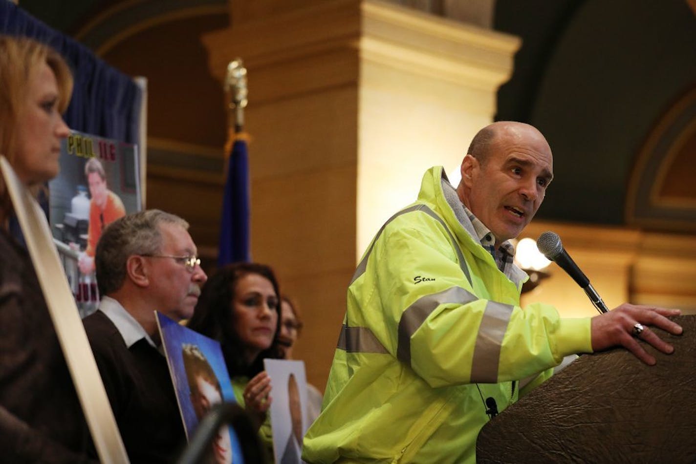 Greg Tikalsky spoke about his father Joe, who was killed in 2015 by a distracted driver, during a rally Thursday in the State Capitol rotunda to drum up support for a law that would ban the use of hand held cellphones and electronics by drivers.