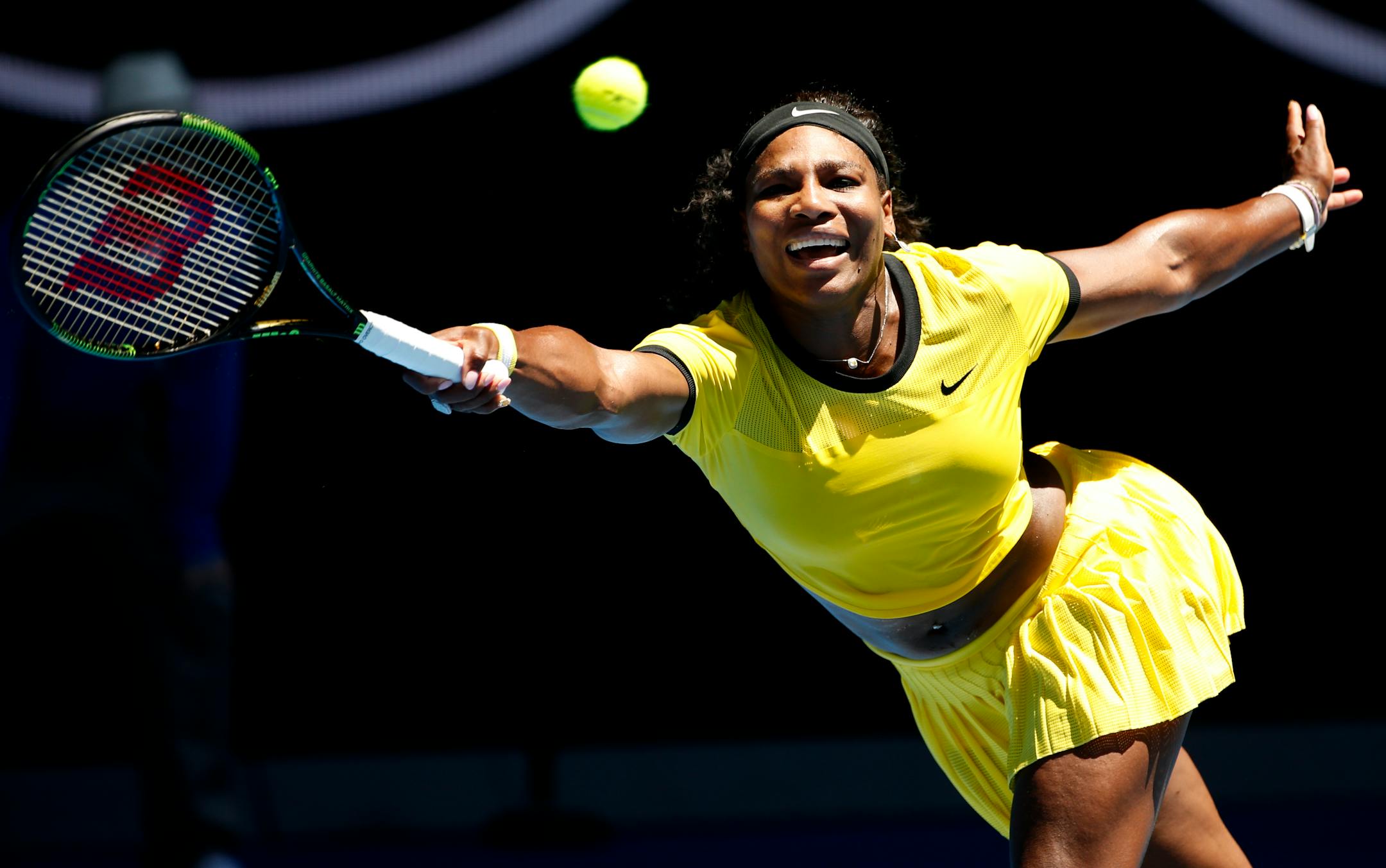 Serena Williams hit a forehand return to Camila Giorgi during their first-round match at the Australian Open tennis championships in Melbourne on Monday.