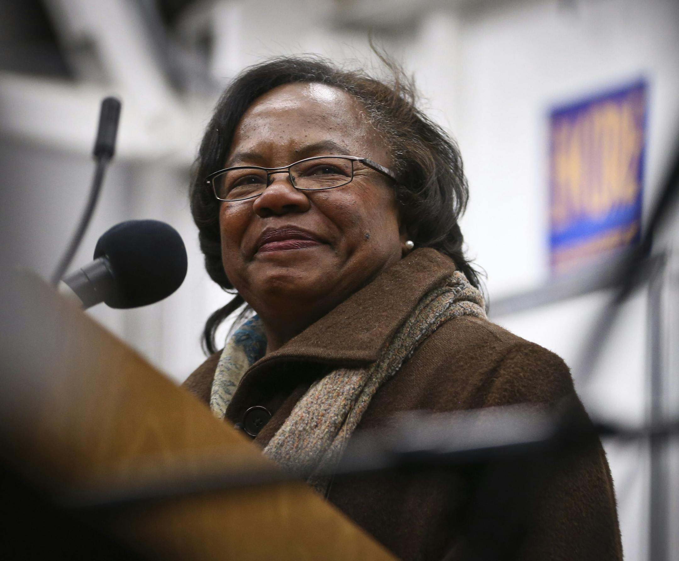 Former Minneapolis Mayor Sharon Sayles Belton appeared teary eyed as she listened to performers sing to a song dedicated to her during a bridge dedication and lighting ceremony for new sculpture dedicated to the former Minneapolis Mayor at 3rd Avenue South over Interstate 94 on Tuesday, October 22, 2013, in Minneapolis, Minn. ] RENEE JONES SCHNEIDER • reneejones@startribune.com