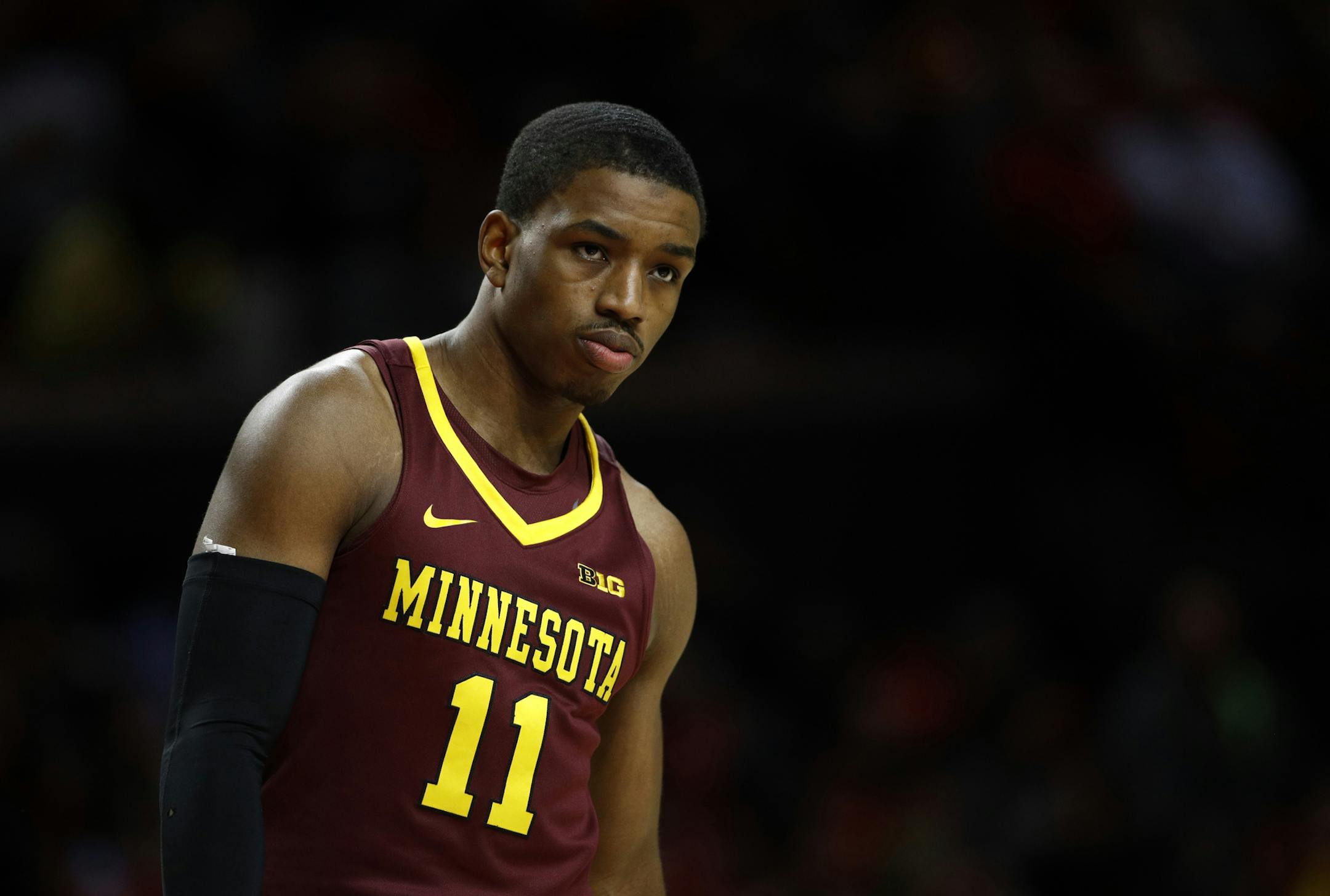 Minnesota guard Isaiah Washington walks on the court during an NCAA college basketball game against Maryland in College Park, Md., Thursday, Jan. 18, 2018. (AP Photo/Patrick Semansky)