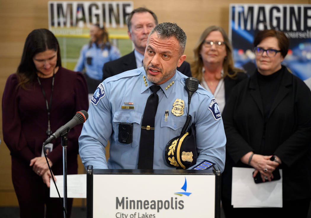 Minneapolis Police Chief Brian O’Hara speaks during a news conference on Wednesday at the Minneapolis Public Service Building. The city announced the launch of a multi-year, comprehensive recruitment campaign for 911 and Police Department positions.