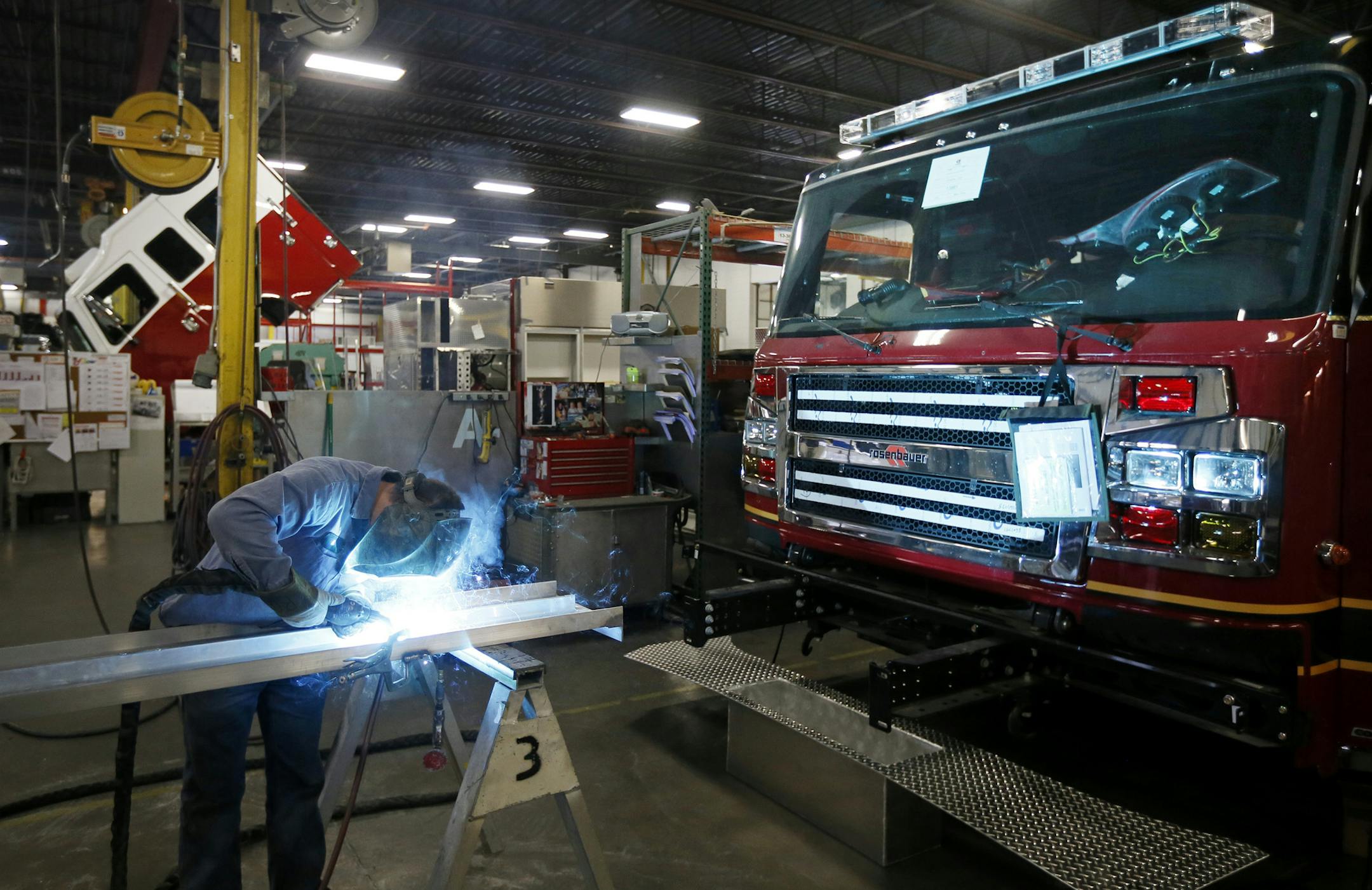Rob Anderson an employee at Rosenbauer welded a part for new fire truck Wednesday November 19, 2014 in Wyoming, Minnesota.] Rosenbauer in Wyoming, MN manufactures fire trucks that are used around the globe. Jerry Holt Jerry.holt@startribune.com