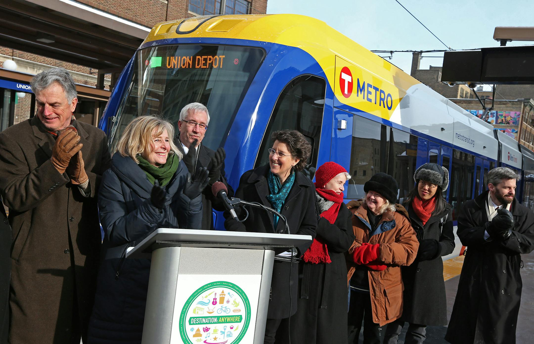 (left) Metropolitan Council Chair Susan Haigh and other officials applauded the workers who built the light rail green line, as it was announced that service will start Saturday June 14th between Minneapolis and St. Paul. The announcement was made during a press conference in front of the Union Depot in downtown St. Paul on 1/22/14.] Bruce Bisping/Star Tribune bbisping@startribune.com Susan Haigh/source. ORG XMIT: MIN1401221257531071