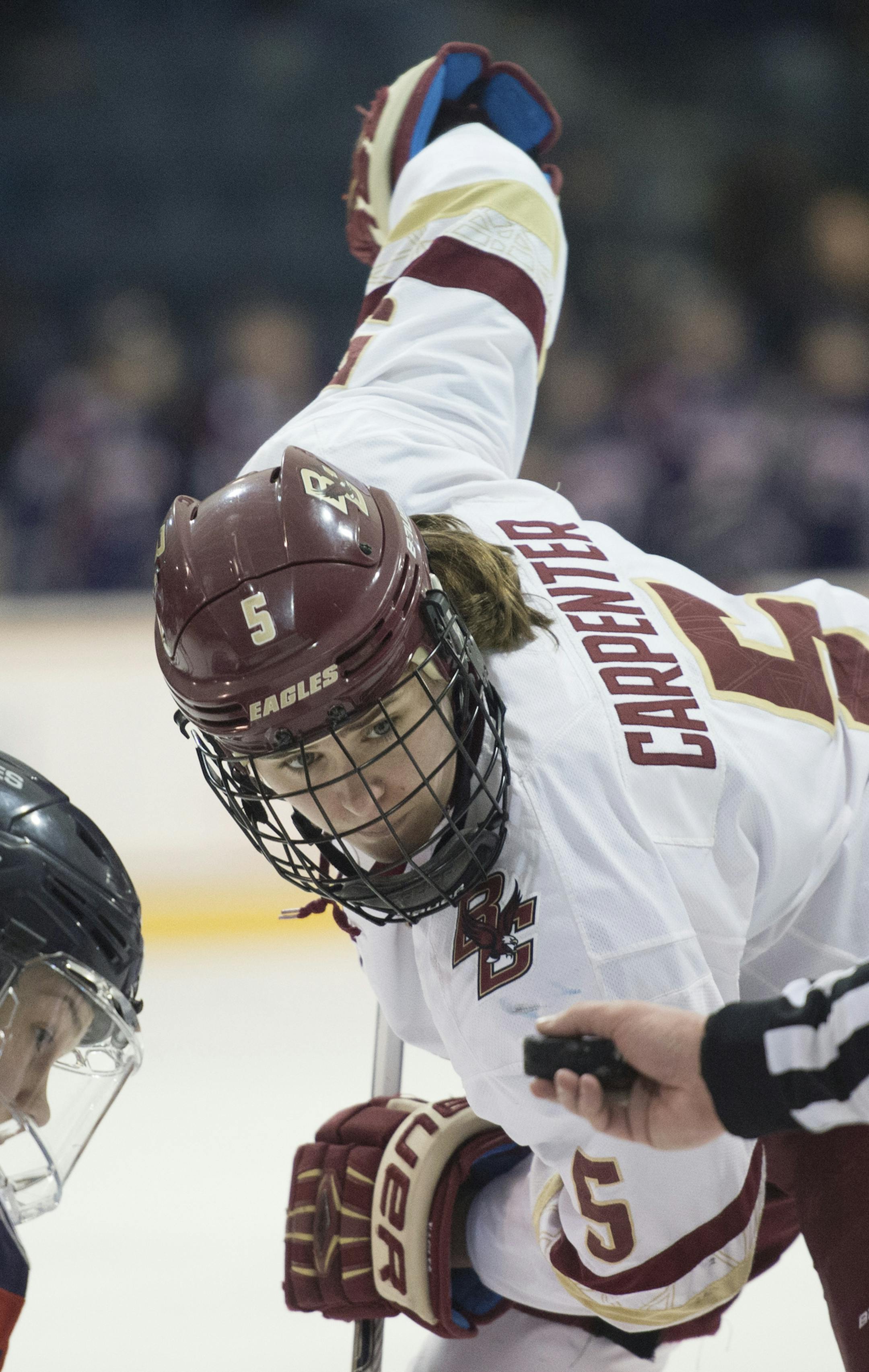 Boston College hockey player Alex Carpenter plays in a game against University of Connecticut in the Womenís Hockey East semifinals in North Andover, Mass., March 5, 2016. A forward whose father, Bobby Carpenter, played 18 NHL seasons, Carpenters' quest for Boston Collegeís, and New Englandís, first Frozen Four championship is about to begin. (Gretchen Ertl/The New York Times)
