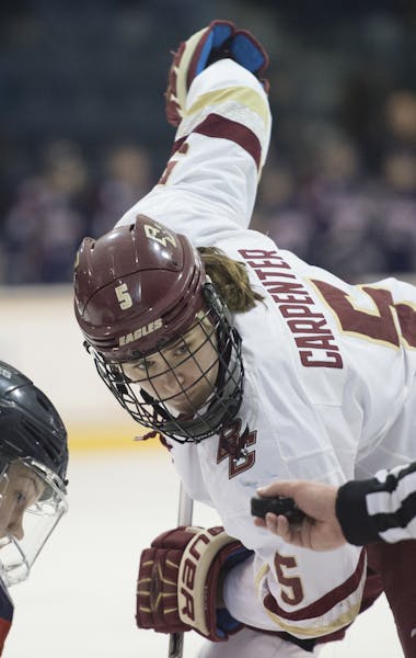 Boston College hockey player Alex Carpenter plays in a game against University of Connecticut in the Women&#xed;s Hockey East semifinals in North Ando