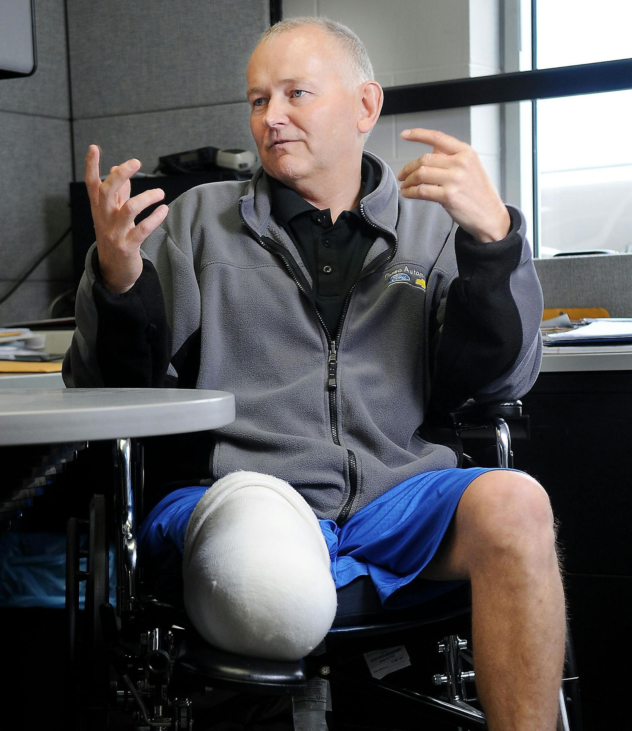 CORRECTS SOURCE - ADVANCE FOR USE SATURDAY, OCT. 11 - In this photo taken on June 14, 2012, Nels Gunderson of Osseo, Wisc. speaks about the tiling accident in which he lost his leg. Gunderson credits his life to the quick response of a Mayo One medical helicopter out of Eau Claire, Wisc. Mayo flew it's first patient by helicopter 30 years ago. (AP Photo/The Rochester Post-Bulletin, Dan Reiland)