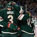 Wild center Charlie Coyle (3) celebrated with teammates after scoring on Vegas goaltender Malcolm Subban on Friday night.