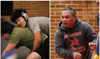 Lewis Yang (top wrestler in left photo) is qualified for the wrestling state meet, boosted by the coaching of his brother Peter (right photo).