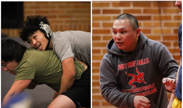 Lewis Yang (top wrestler in left photo) is qualified for the wrestling state meet, boosted by the coaching of his brother Peter (right photo).