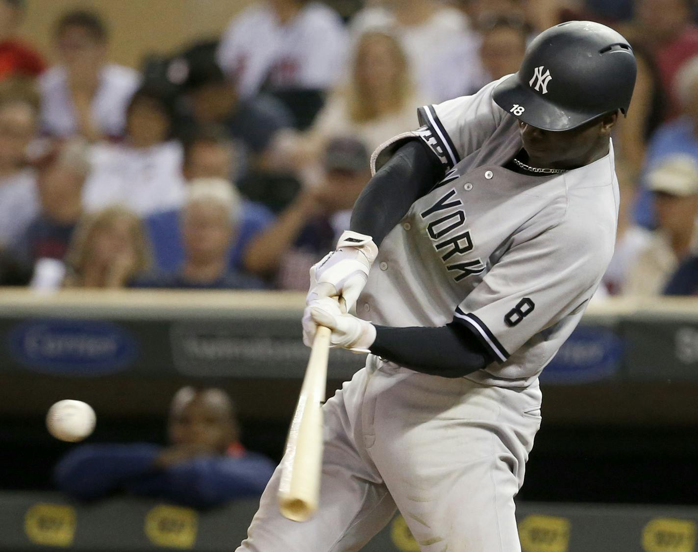 New York Yankees' Didi Gregorius hits a three-run home run off Minnesota Twins relief pitcher Fernando Abad during the seventh inning of a baseball game in Minneapolis, Thursday, June 16, 2016. (AP Photo/Ann Heisenfelt)