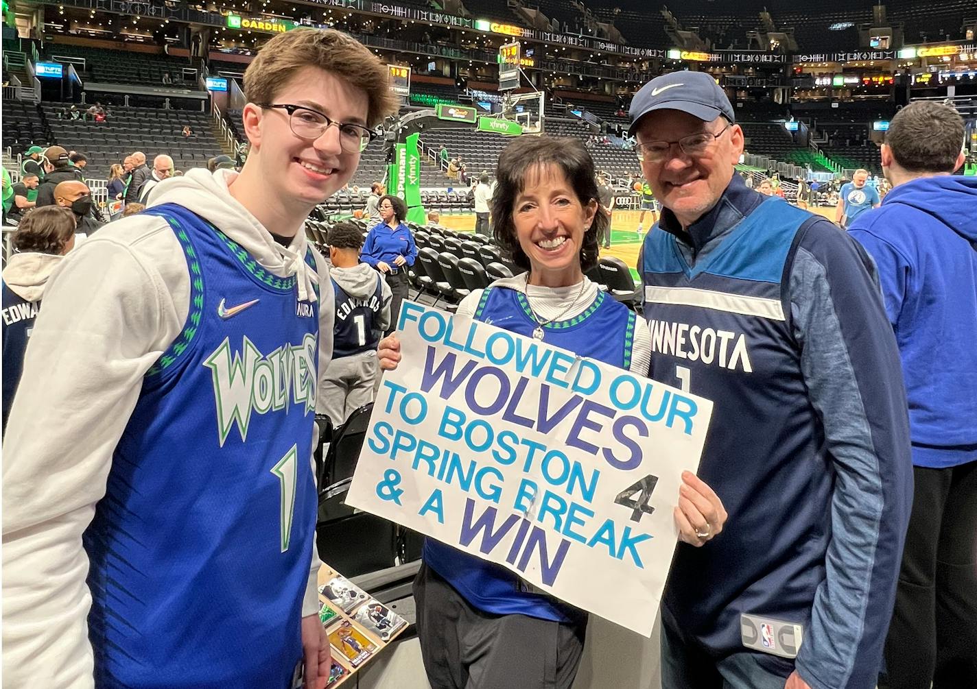 Wolves super fans Stephanie and Phil Halverson, with their son Camden, took a spring break vacation to Boston recently to watch the Wolves take on the Celtics. Submitted photo