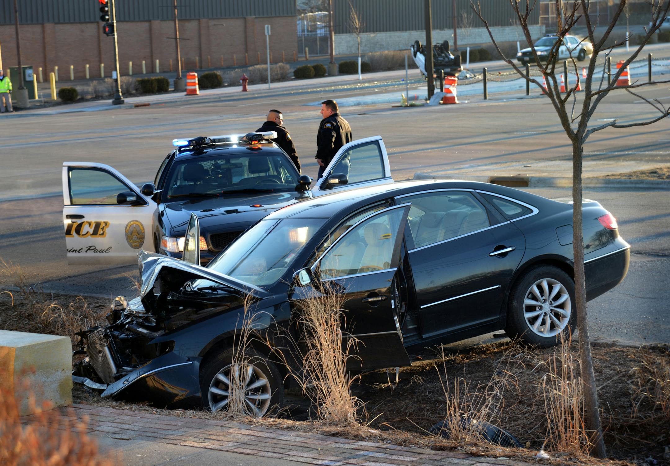 A police chase ended with a pickup truck flipped at the intersection of Marion Street and University Avenue in St. Paul on April 3. This car was part of the accident scene.