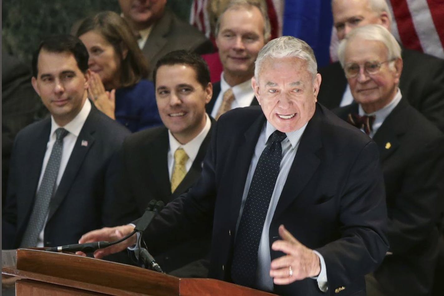 FILE - In this Jan. 31, 2017, file photo, former Wisconsin Gov. Tommy Thompson speaks at the State Capitol in Madison, Wis. Interim University of Wisconsin System President Tommy Thompson wants the governor to give the system a nearly $100 million boost in the next state budget. Thompson announced Tuesday, Aug. 18, 2020 that he plans to ask Gov. Tony Evers to increase state aid to the system by $95.7 million in the 2021-23 state budget.