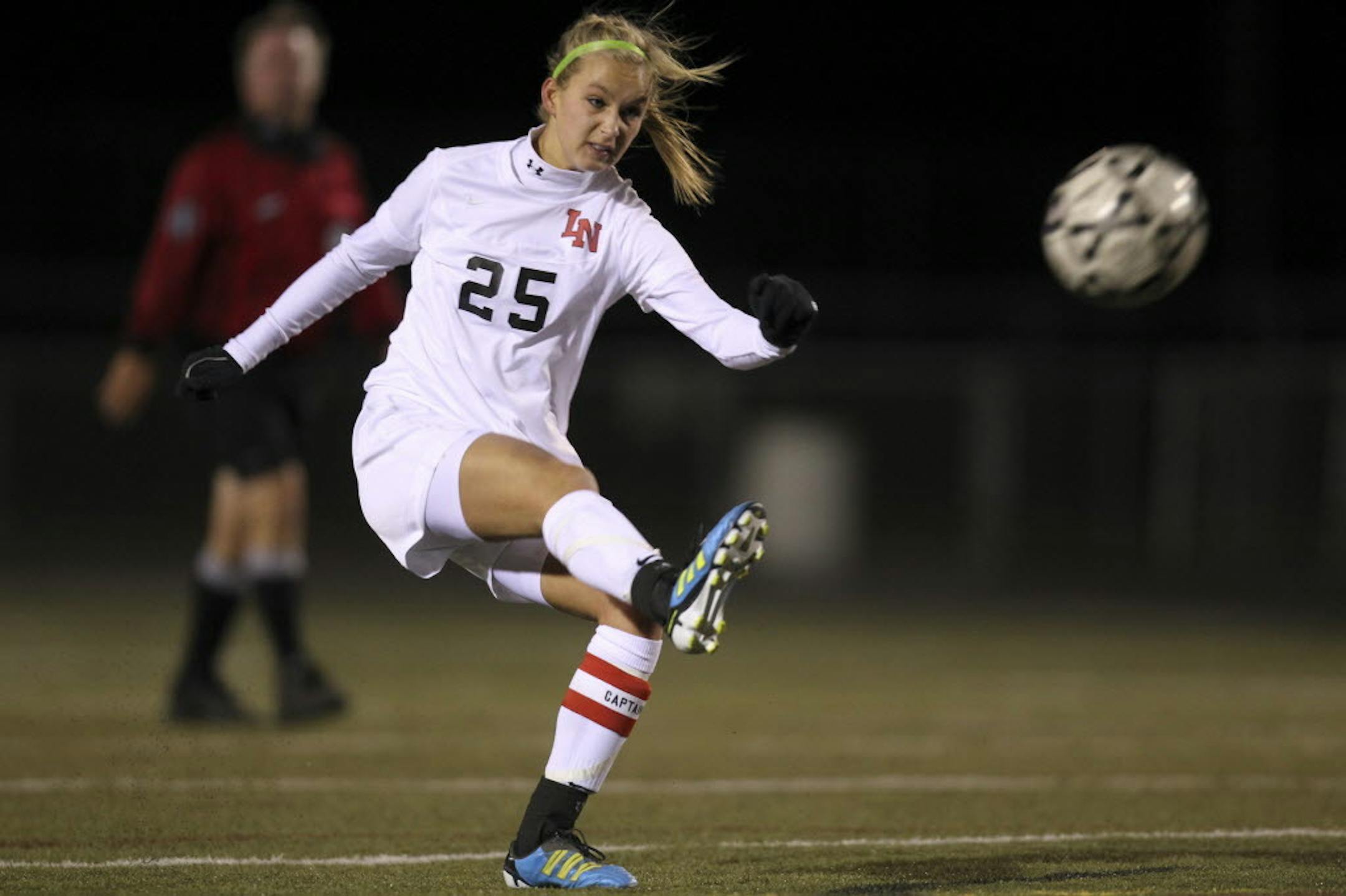 Alex Trakalo, shown here in a game against Prior Lake on Oct. 4, is the second-leading scorer for Lakeville North, the top-ranked team in Class 2A. She has 13 goals and eight assists on the season. Photo by Jeff Wheeler, Star Tribune