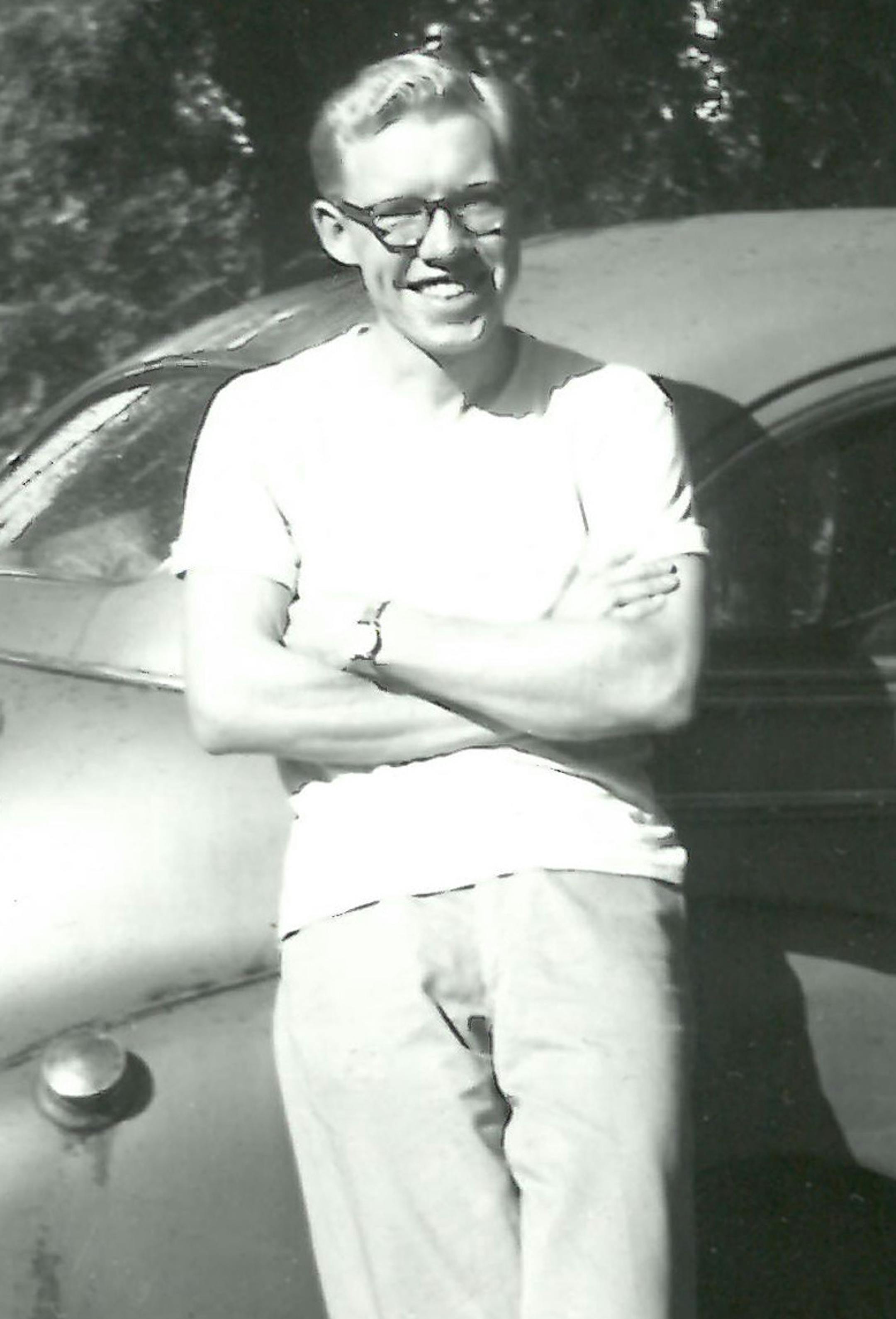 "Stone Lake" author Richard Horberg sometime in his early 20s. Pictured with his car which was the inspiration for the one in the novel. Photo provided by Richard Horberg
