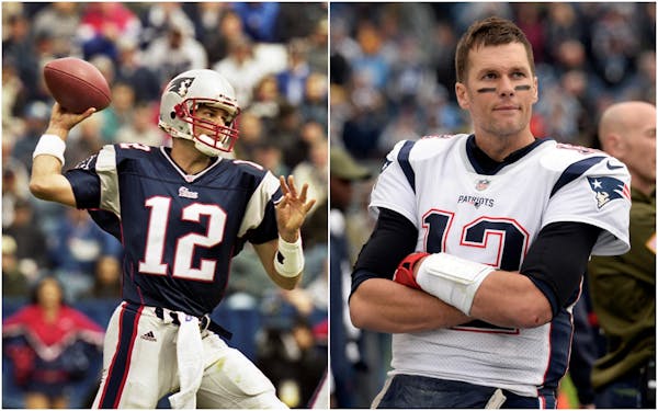 The Patriots' Tom Brady cocked his arm to throw a pass vs. the Colts in his first NFL start on Sept. 30, 2001 (left). Now, at 41, he is still playing 
