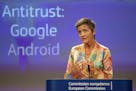EU Commissioner Margrethe Vestager holds a press conference on a Competition Case involving Google Android at the European Commission building, in Bru