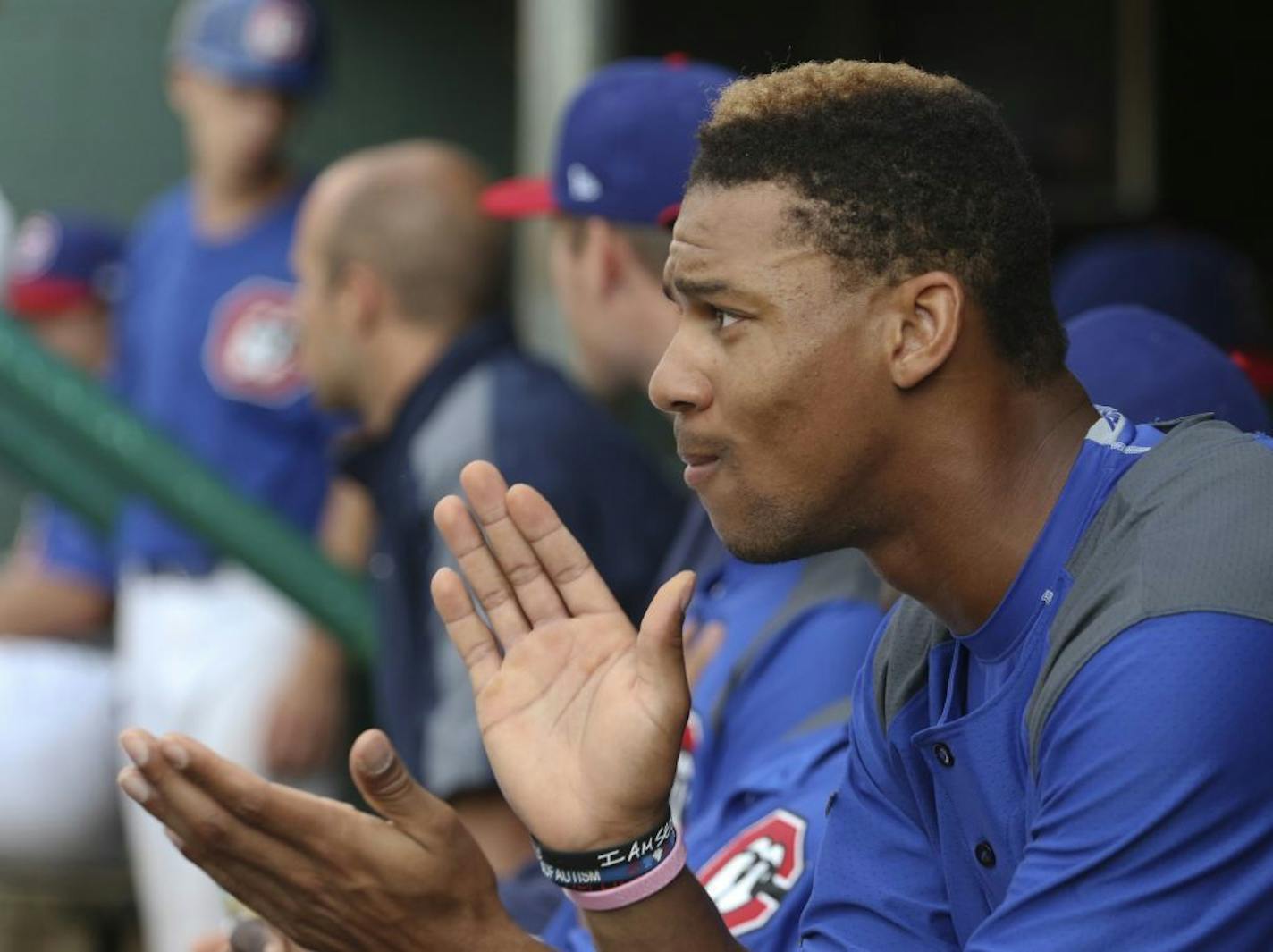 Chattanooga Lookouts outfielder Byron Buxton watches from the dugout as his team plays the Biloxi Shuckers at AT&T Field in Chattanooga, Tenn., on Friday, May 29, 2015.