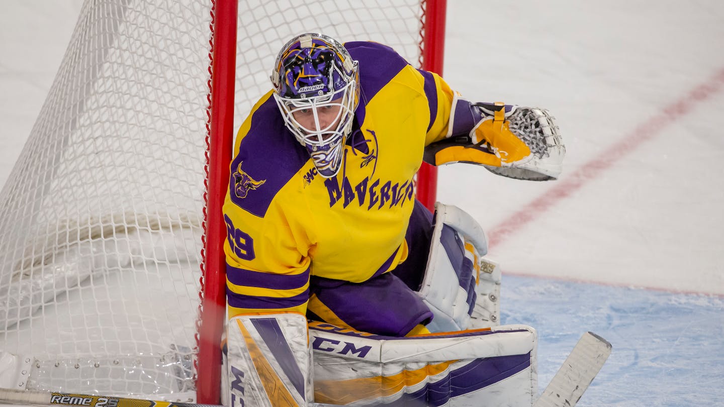 Minnesota State goalie Dryden McKay (29) skates against Bemidji State during an NCAA hockey game on Friday, Dec. 18, 2020, in Bemidji, Minn. (AP Photo/Bruce Kluckhohn)