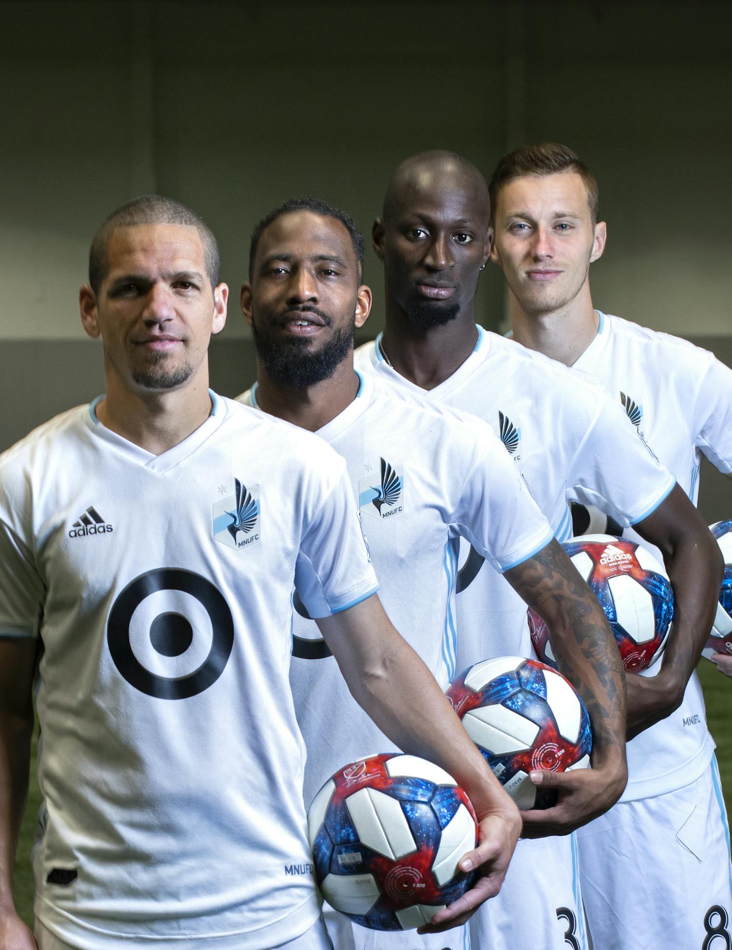 From front to back: Loons midfielder Ozzie Alonso, defender Romain Metanire, defender Ike Opara and midfielder Jan Gregus. ] brian.peterson@startribune.com
Blaine, MN Tuesday, February 26, 2019