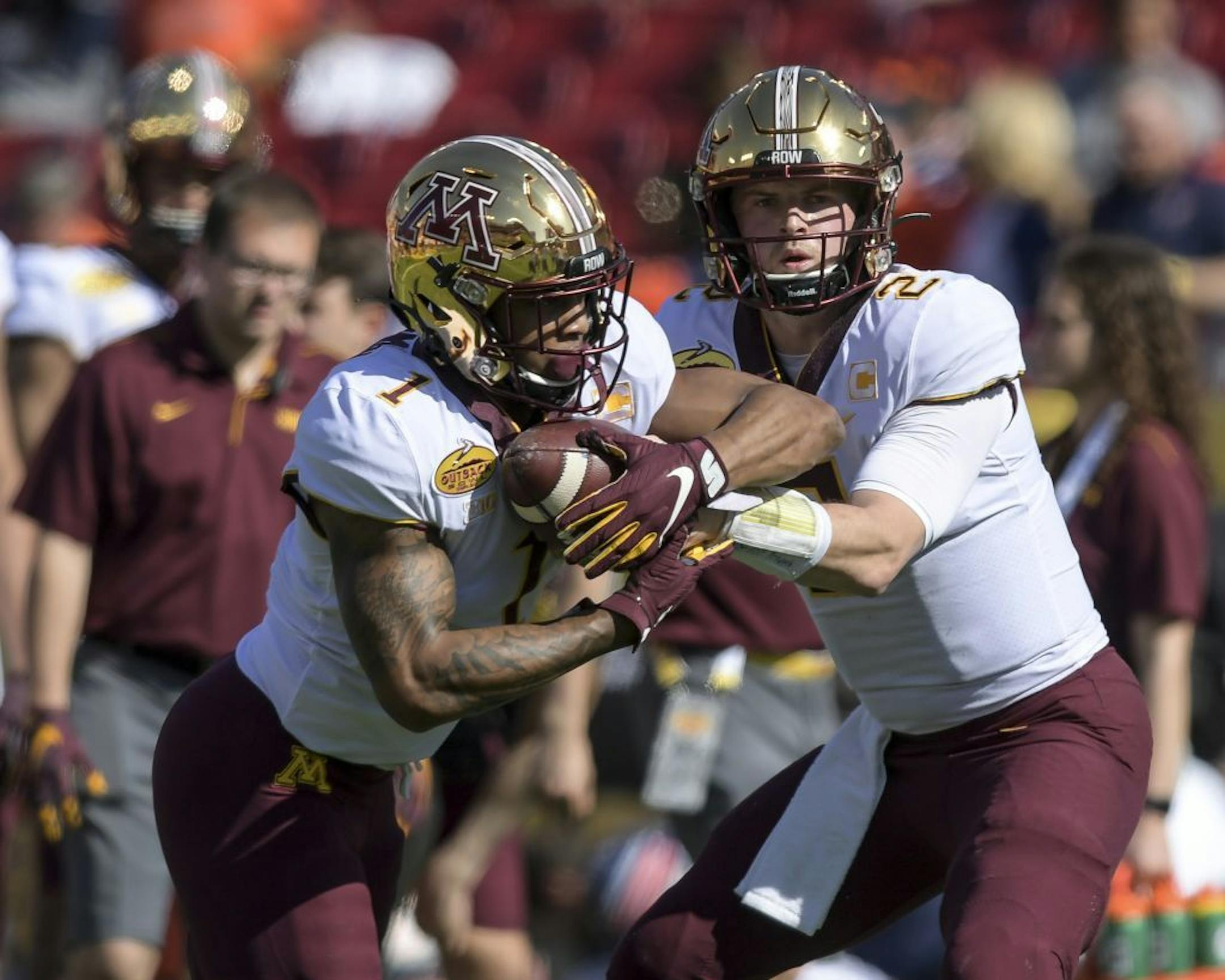 Minnesota Gophers quarterback Tanner Morgan (2) warmed up before the Outback Bowl on January 1.