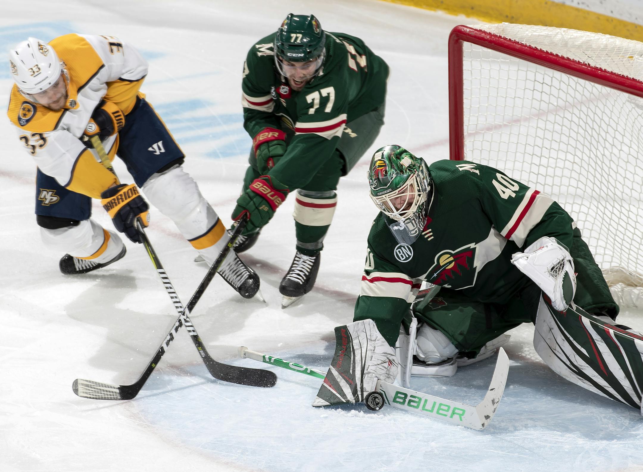 Wild goalie Devan Dubnyk made a save in the third period. ] CARLOS GONZALEZ &#x2022; cgonzalez@startribune.com &#x2013; St. Paul, MN &#x2013; March 25, 2019, Xcel Energy Center, NHL, Hockey, Minnesota Wild vs. Nashville Predators