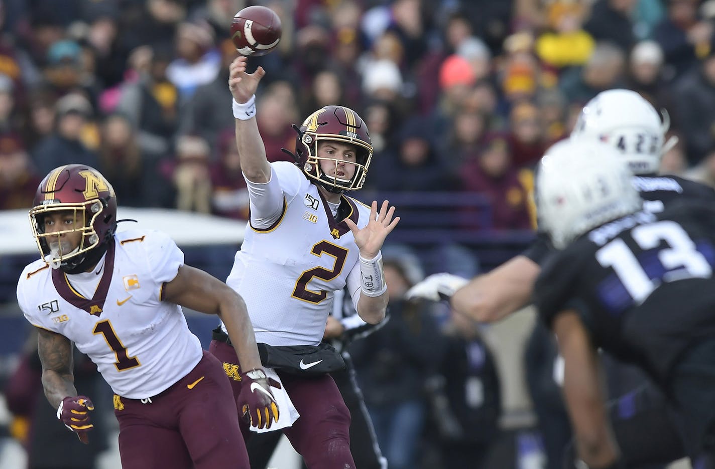 Minnesota Gophers quarterback Tanner Morgan (2) threw the ball in the second quarter. The Minnesota Gophers played the Northwestern Wildcats on Saturday, Nov. 23, 2019 at Ryan Field in Evanston, Ill. (Aaron Lavinsky/Minneapolis Star Tribune/TNS) ORG XMIT: 1500473