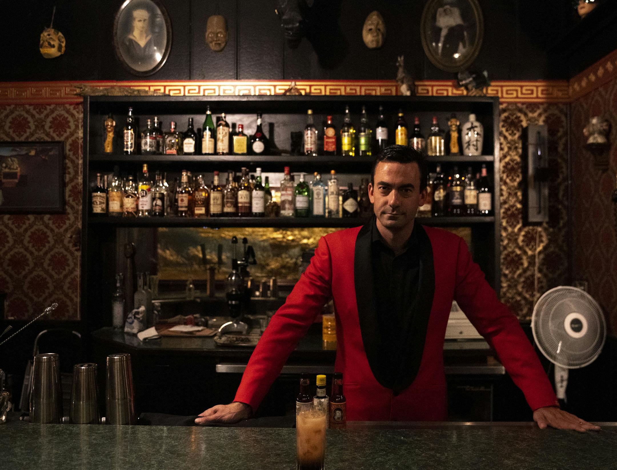 Kai Soderberg, the owner and operator of Jade Fountain, posed for a portrait inside his new cocktail bar in West Duluth. The bar is set up inside a former 1970s-era Chinese restaurant of the same name that closed in 2015. ] ALEX KORMANN • alex.kormann@startribune.com In West Duluth, a former Chinese restaurant is reopening as a cocktail bar featuring a revamped version of the retro interior and the same name: Jade Fountain.