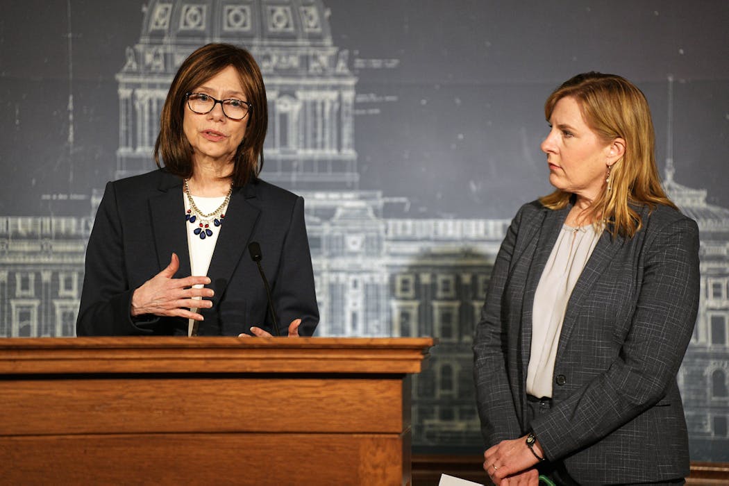 Senate Majority Leader Kari Dziedzic, left, and Speaker of the House Melissa Hortman spoke to reporters Saturday about the deal to devote up to $2.6 billion to infrastructure projects.