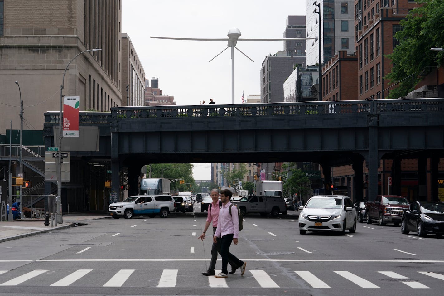 Sam Durant's drone sculpture, a representation of the unmanned Predator drone, is displayed on the High Line, Thursday, June 3, 2021, in New York. The artist hopes to make visible in America the drone warfare that the country carries out against its enemies. (AP Photo/Mark Lennihan)