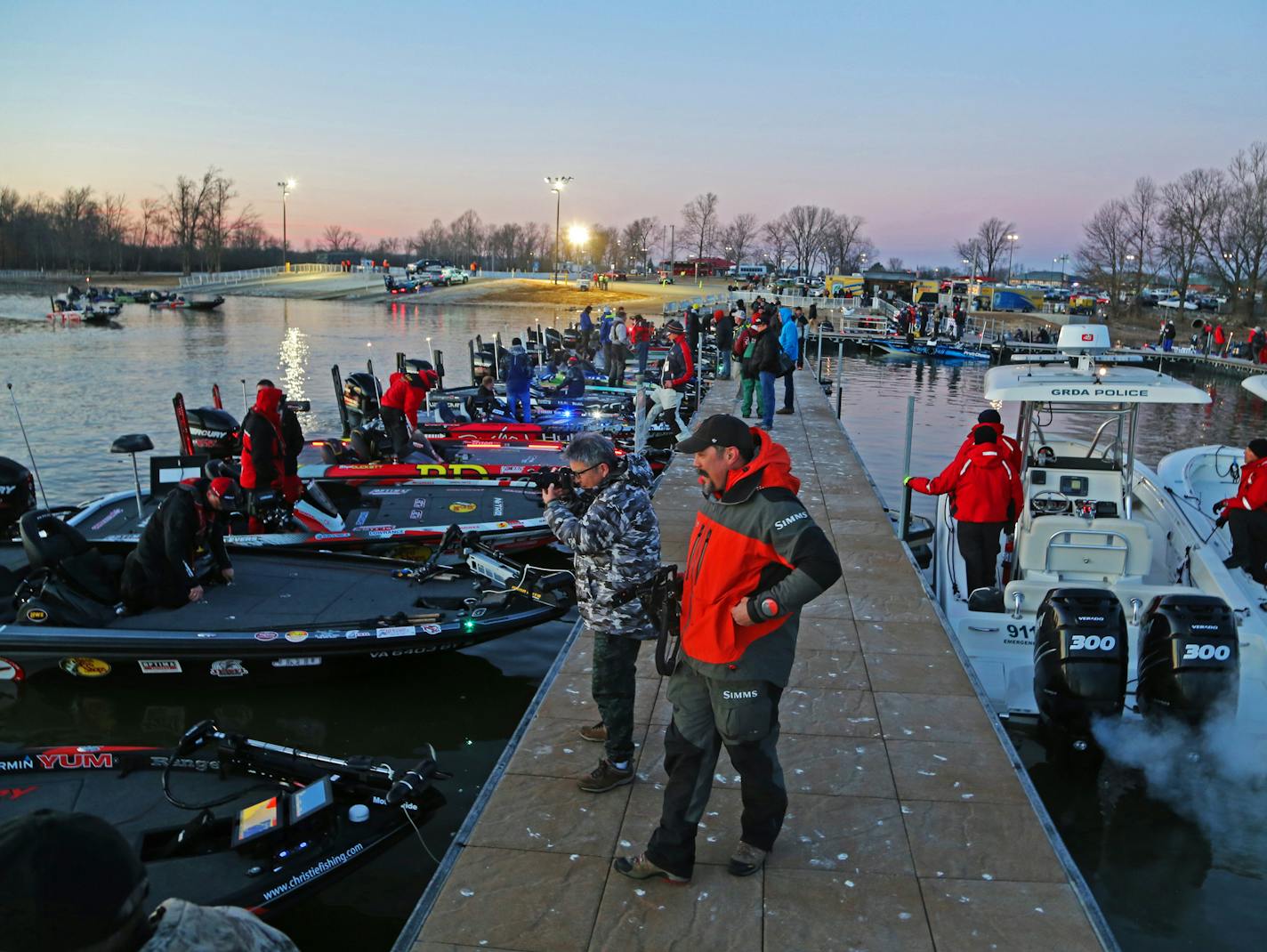 Headquarters for this year's Bassmaster Classic is Tulsa, Okla., but the marina where the 55 competing anglers leave from on Grand Lake is some 85 miles away, in Grove, Okla. Here, just after dawn Wednesday, competing anglers readied their boats for the day's work. A similar large bass fishing tournament, the B.A.S.S. Angler of the Year Championship, is coming to Mille Lacs in September.