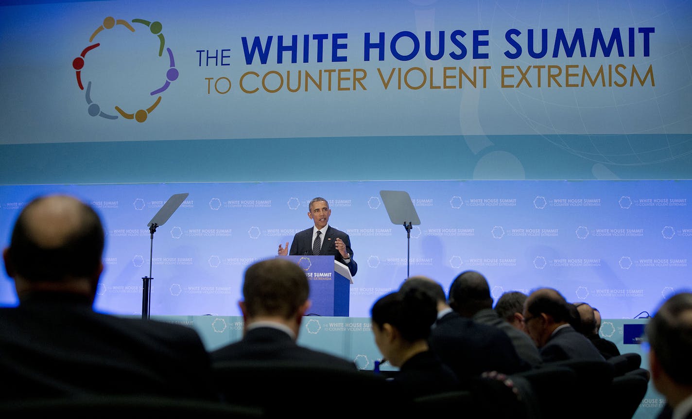 President Barack Obama speaks at the Countering Violent Extremism (CVE) Summit, Thursday, Feb. 19, 2015, at the State Department in Washington. The White House is conveying a three-day summit to bring together local, federal, and international leaders to discuss steps the US and its partners can take to develop community-oriented approaches to counter extremist ideologies that radicalize, recruit and incite to violence. (AP Photo/Carolyn Kaster) ORG XMIT: MIN2015021914092260 ORG XMIT: MIN1502191