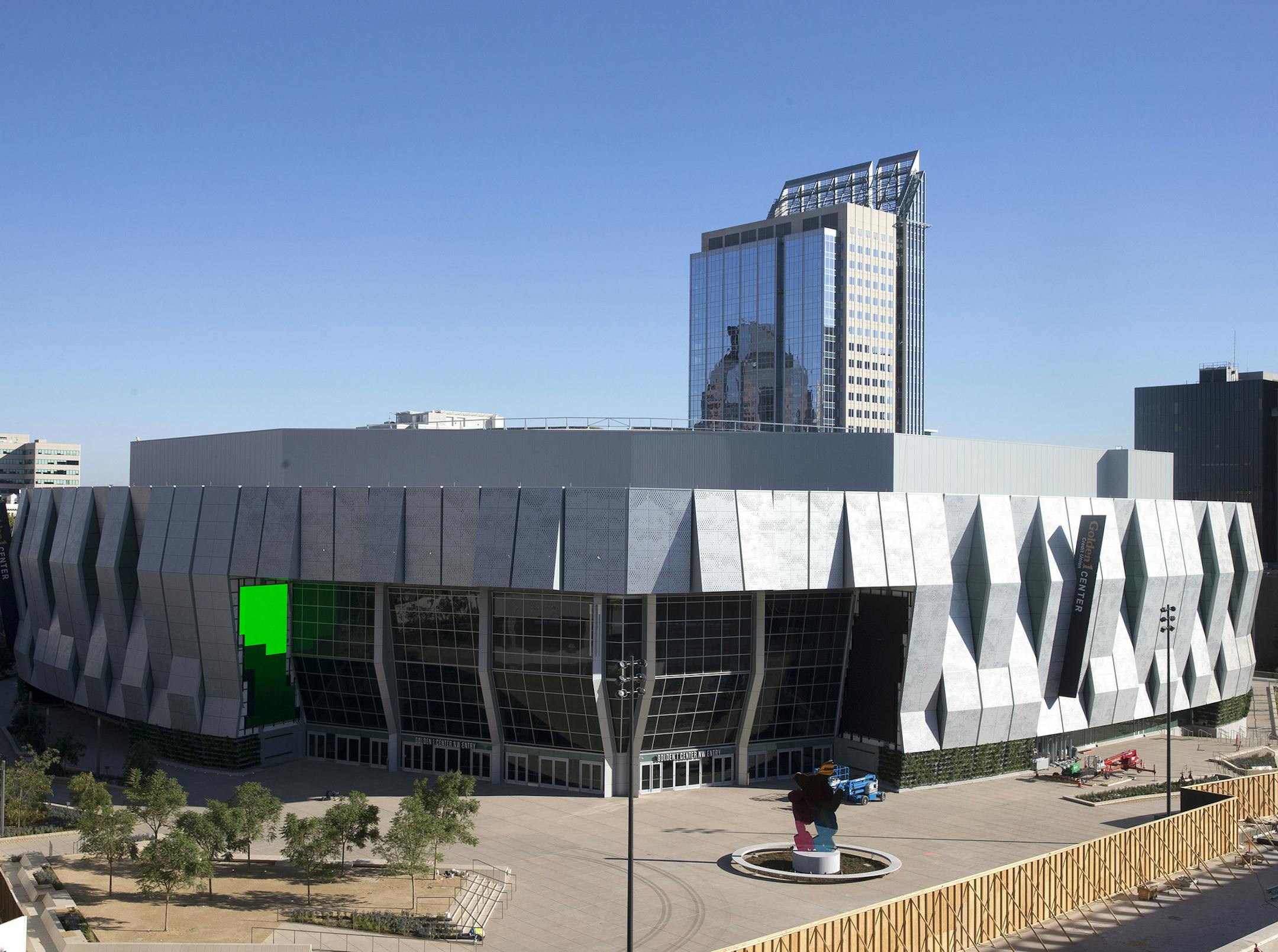This photo taken Tuesday, Sept. 27, 2016, shows the exterior of the new Golden 1 Center in Sacramento, Calif. The 17,500-seat arena is the new home of the NBA's Sacramento Kings basketball team. The Kings' first game in the arena will be a preseason match against Maccabi Haifa, of Israel, Oct. 10. Their first regular-season home game is Oct. 27 against the San Antonio Spurs. (AP Photo/Rich Pedroncelli)
