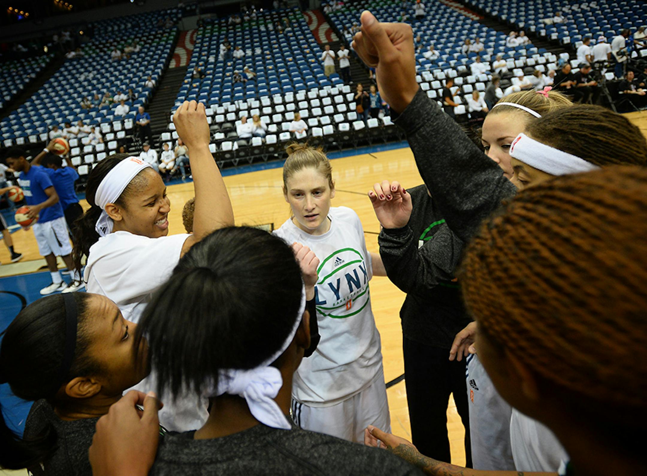 The Lynx broke out of a pre-game huddle during warmups Wednesday.