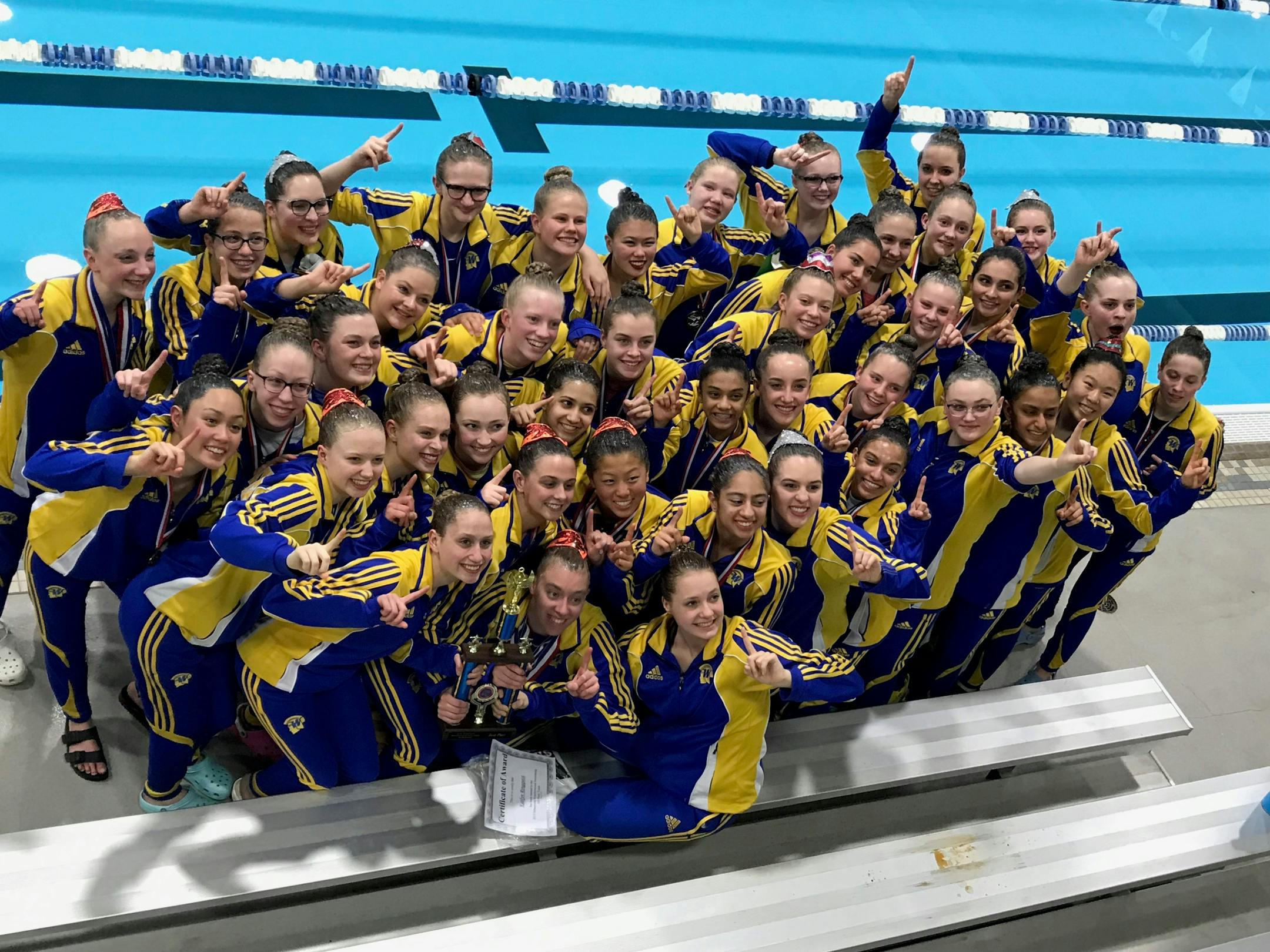 Members of the Wayzata synchronized swimming team who won their 13th consecutive state title in May 2019. Photo courtesy Signe Hensel.
