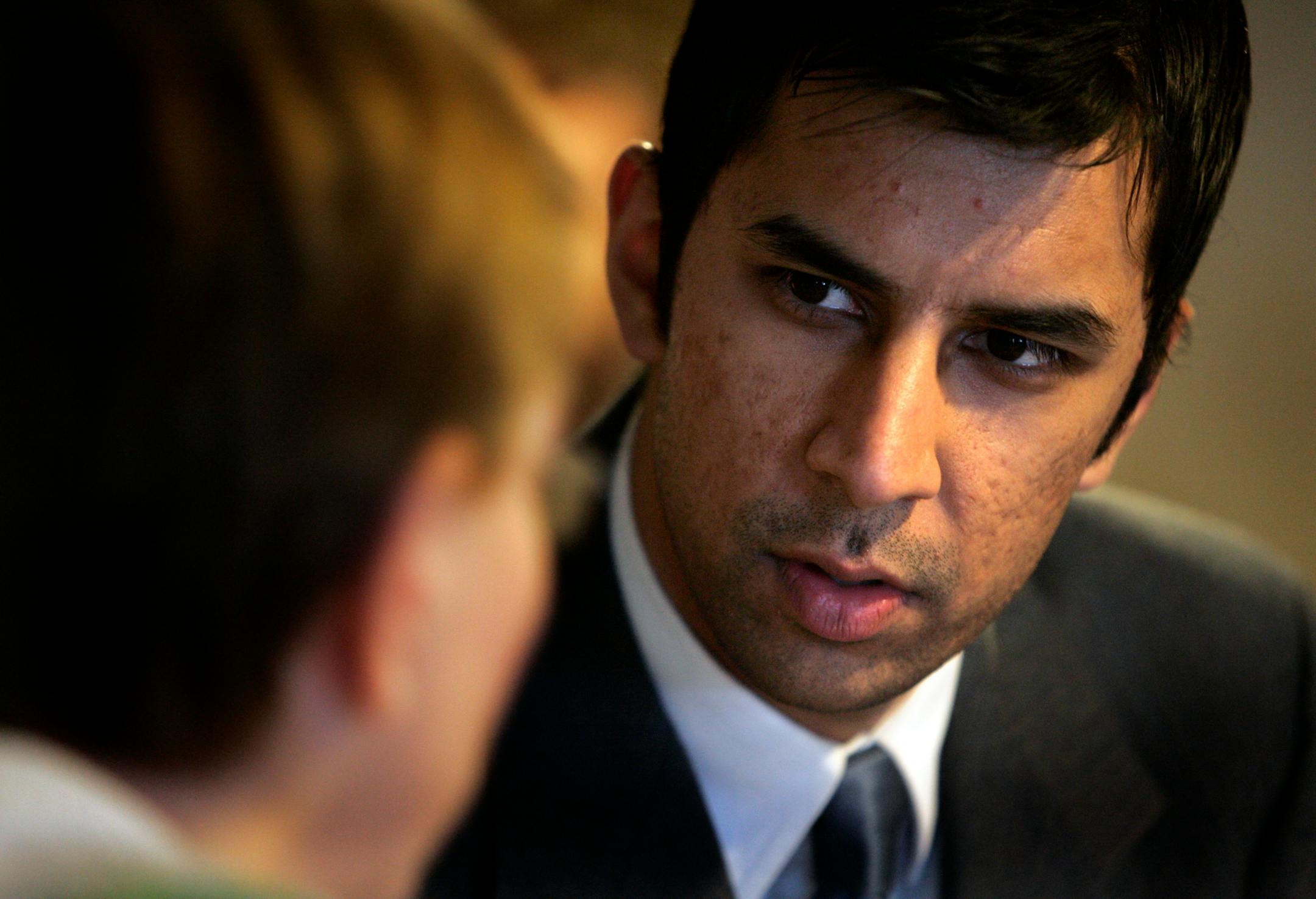 Lawyer and Democratic newcomer Ashwin Madia of Plymouth met with delegates during a meeting last week in Bloomington.