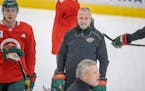 Wild Coach Dean Evason took to the ice during the morning practice at Tria Rink, Monday, January 4, 2021 in St. Paul, MN. ] ELIZABETH FLORES • liz.f
