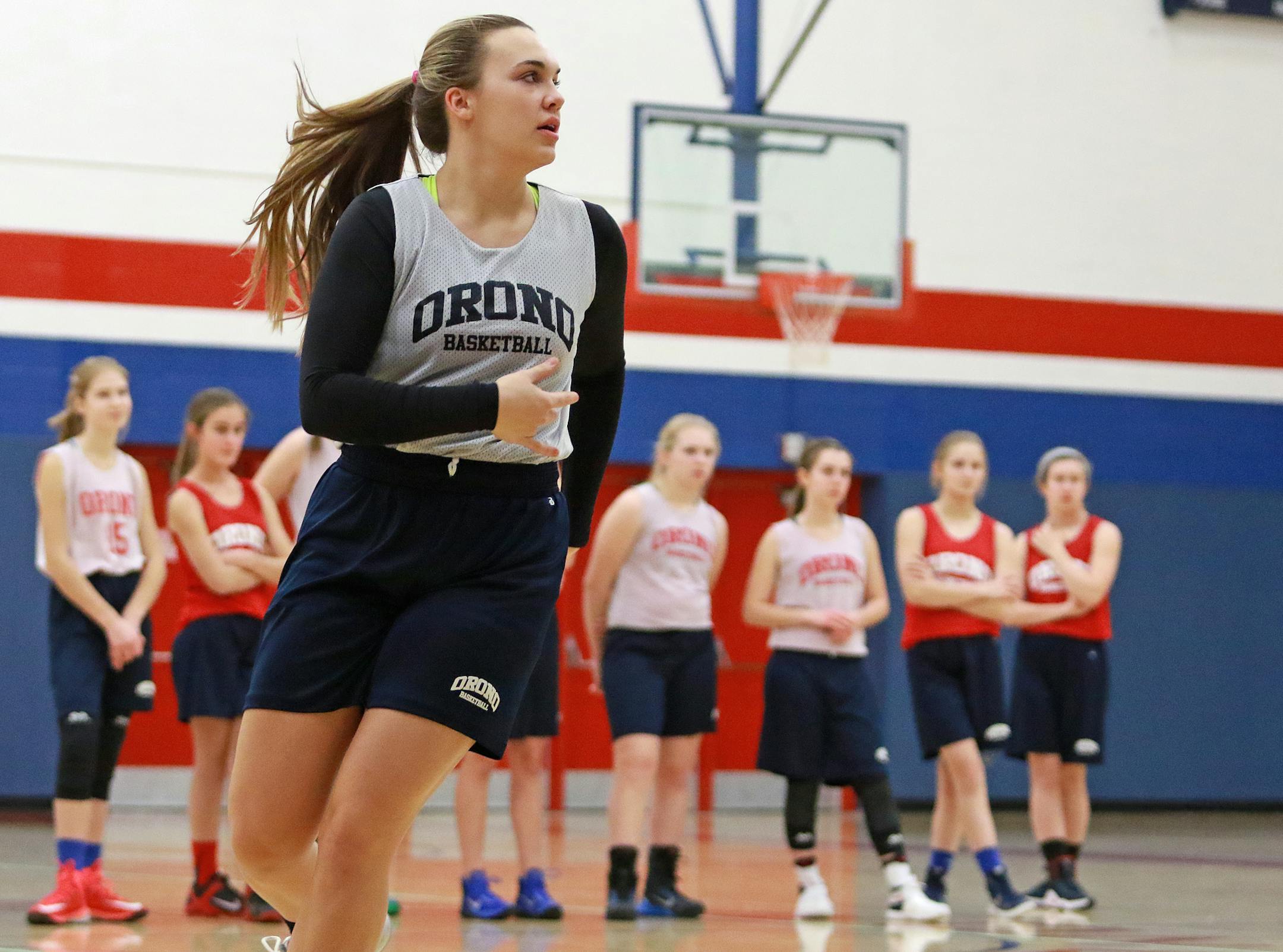 Tori Andrew, Orono girls' basketball, practice on Wednesday.