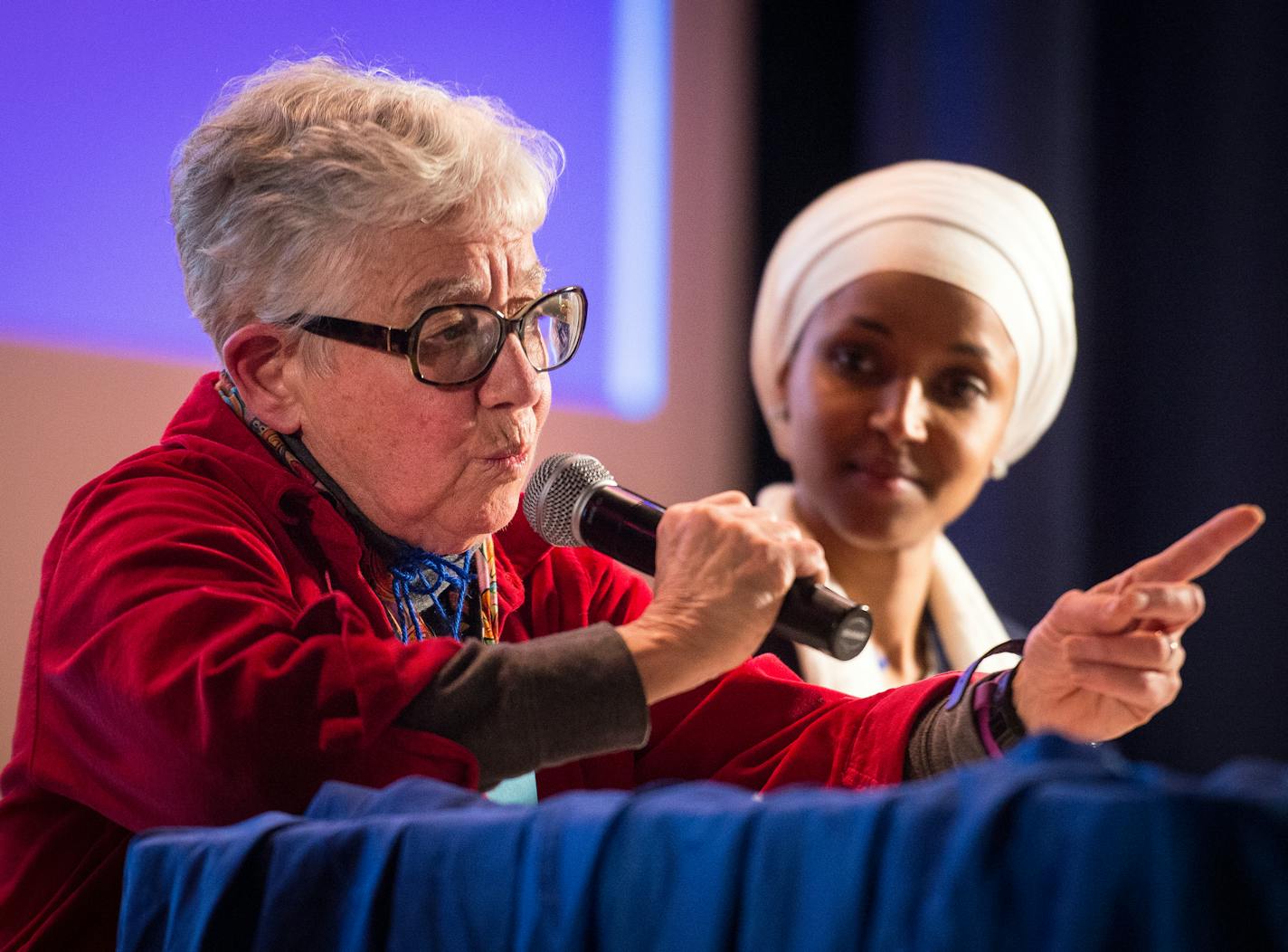 DFL Rep. Phyllis Kahn, left, took part in a Q&A session alongside fellow candidates Ilhan Omar, right, and Mohamud Noor, not pictured. ] (AARON LAVINSKY/STAR TRIBUNE) aaron.lavinsky@startribune.com DFL Rep. Phyllis Kahn, the longest serving member of the Minnesota Legislature, faces two insurgent DFL challengers from the Somali community. Her endorsement battle Saturday could be the end of her political career if she loses. She has said she will not run in a primary in the DFL stronghold, which